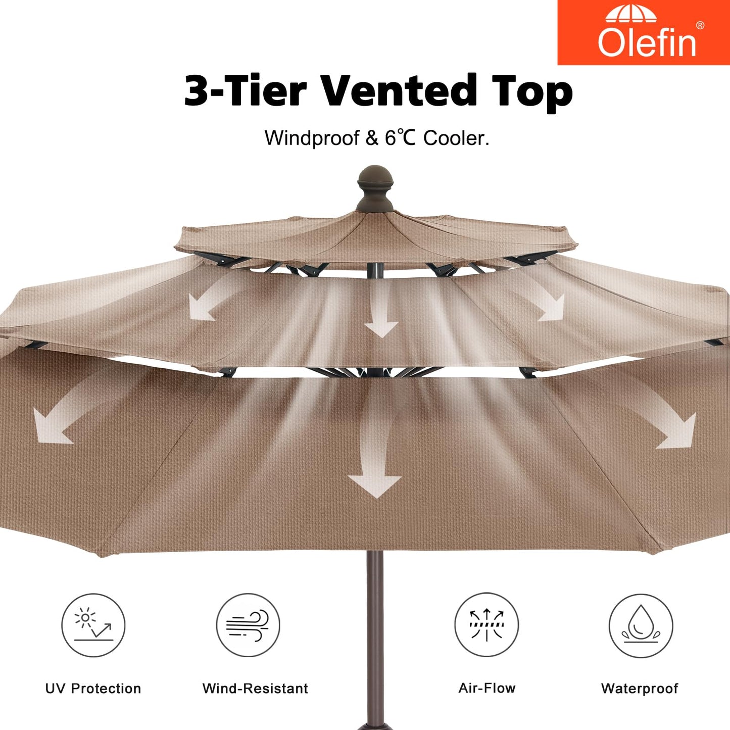 MASTERCANOPY 9ft 3-Tier Olefin Patio Umbrella with Tilt Crank, 5-Year-Non-Fading Canopy & 8 Fiberglass Ribs for Deck, Patio, and Garden, Light Brown
