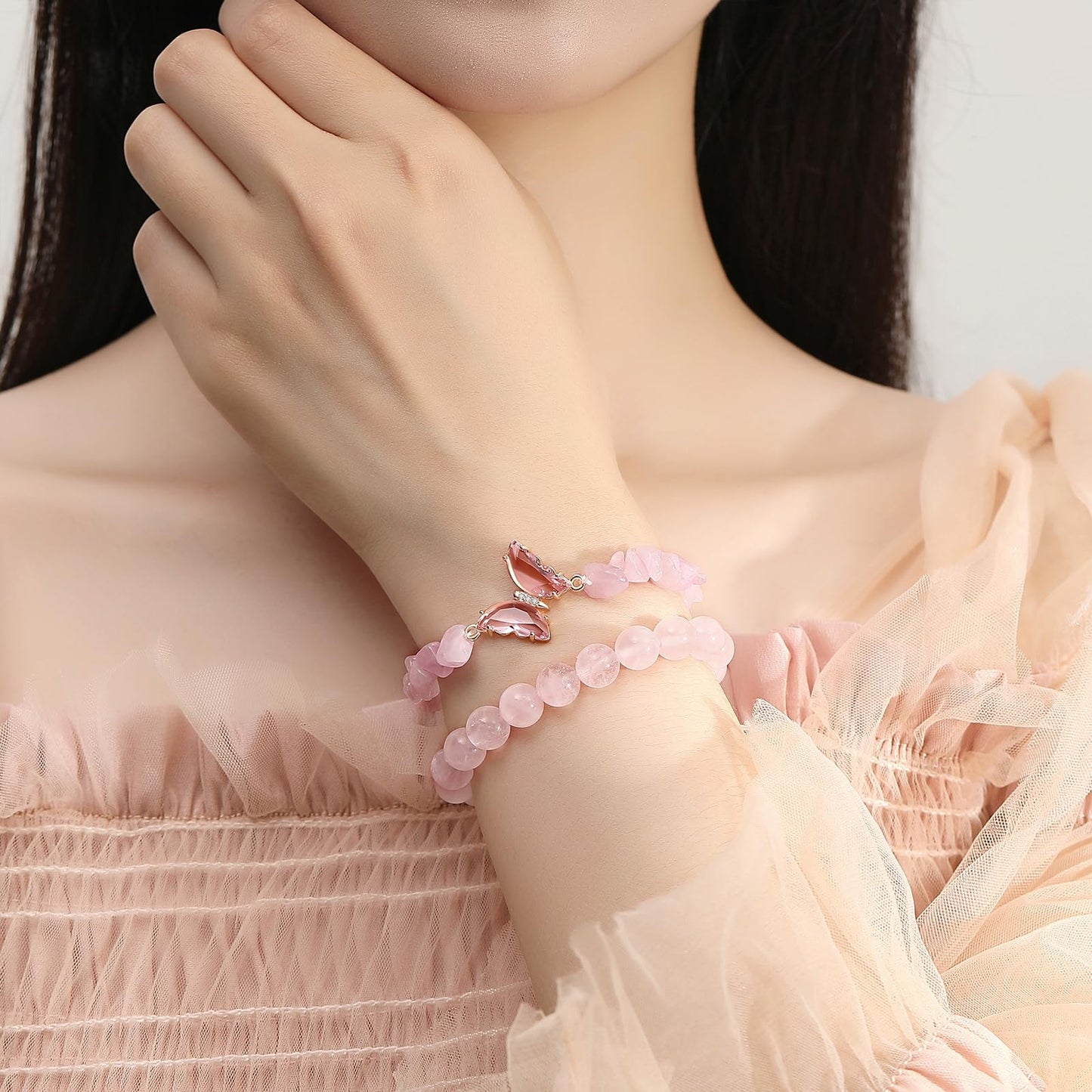 DUQGUHO 2Pcs Rose Quartz Butterfly Bracelets for Women, Pink, Cute Butterfly Charm, Healing Crystals, Crystal Gifts