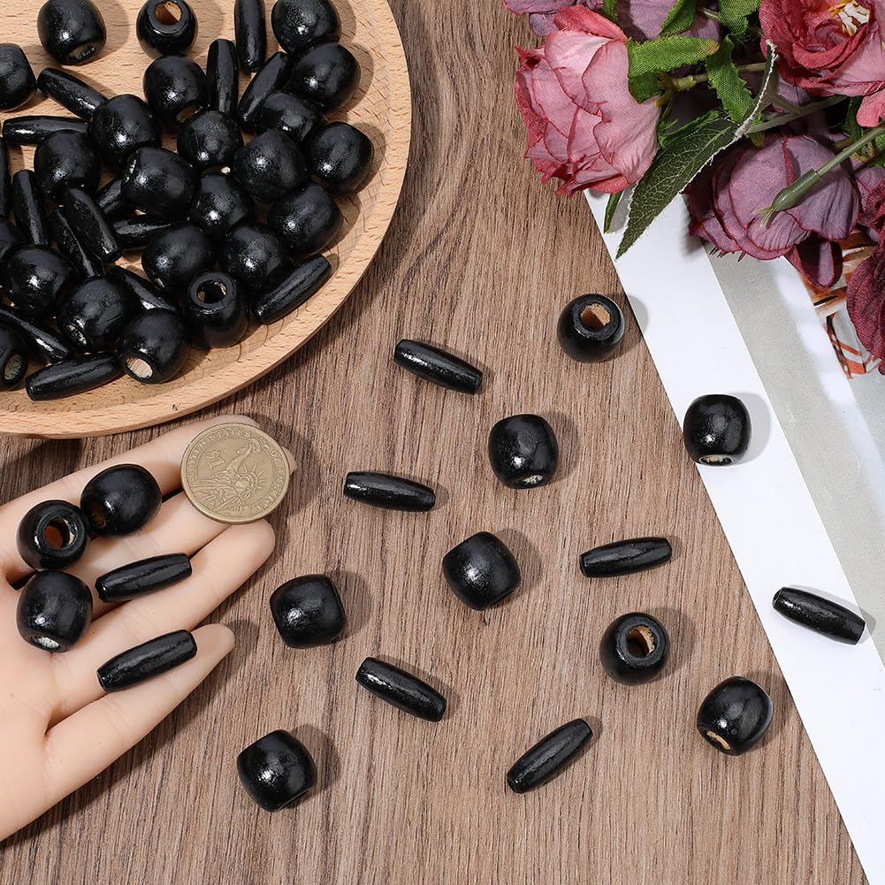 PONABEADIY 2 Styles 200PCS Natural Black Wooden Beads with Hole Oval Barrel Wood Handmade Dyed Macrame European Charms Loose Bead for Jewelry Making Bracelet Hair Braid Christmas DIY Crafts Supplies