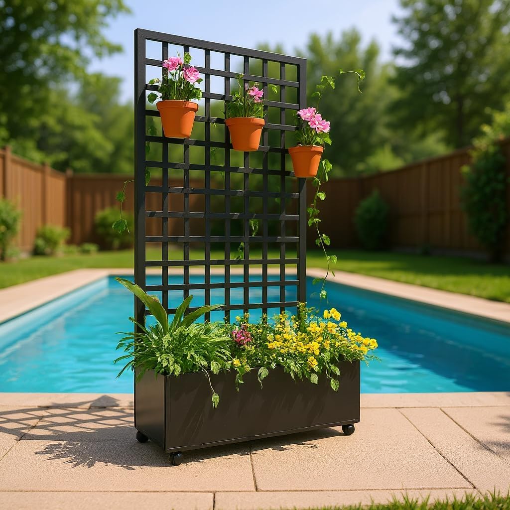 GAOMON Metal Planter Box with Square Lattice Trellis & Wheels, Raised Garden Bed w/Privacy Screen & Drainage Hole for Climbing Plants, Flower & Vine (72 in x35 in Black)