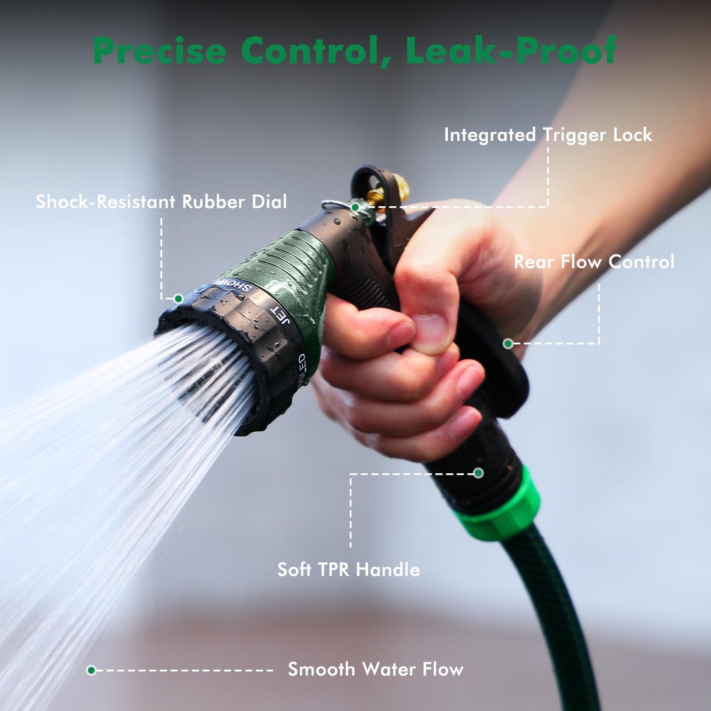 RESTMO Garden Hose Spray Nozzle, Water Hose Nozzle Heavy Duty, High Pressure Hand Sprayer with 6 Adjustable Watering Patterns, Slip Resistant for Watering Plants, Car Washing & Pet Showering, Green