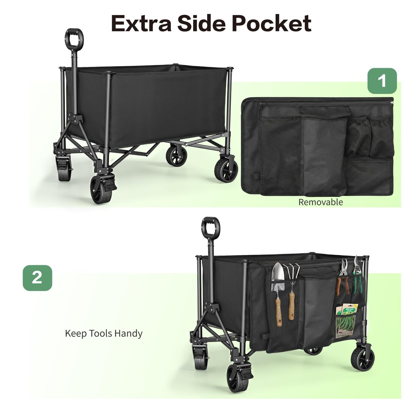 Collapsible Wagon Carts 140L with Waterproof Cover, 360LBS Heavy Duty Foldable Grocery Cart with Detachable Side Pouch & 360° Front Wheels for Garden,Camping, Shopping, Outdoor Sports (Black)