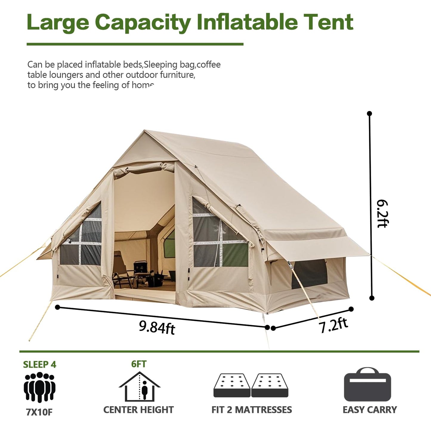 Inflatable Camping Tent with Pump, 4-6 Person Glamping Tents Sun Shelter, Easy Setup Waterproof Outdoor Oxford Tents, Self-Supporting Structure Inflatable House Tent