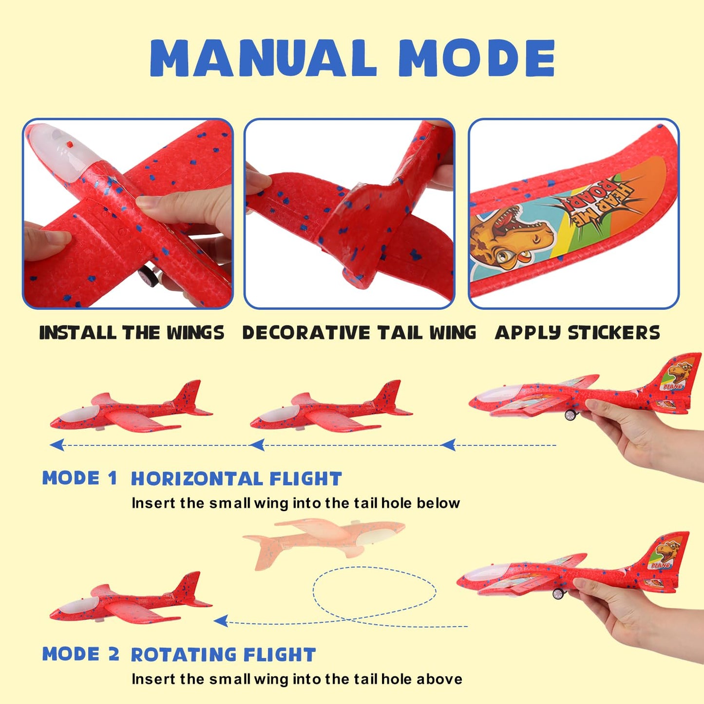 Foam Airplane Launcher Toy | 2-Count Foam Glider Planes for Kids | Kids Airplane Toy with LED Lights | Two Flying Modes - Horizontal & Rotating | Outdoor Toys for Boys & Girls Gift Ages 2+ Years Old