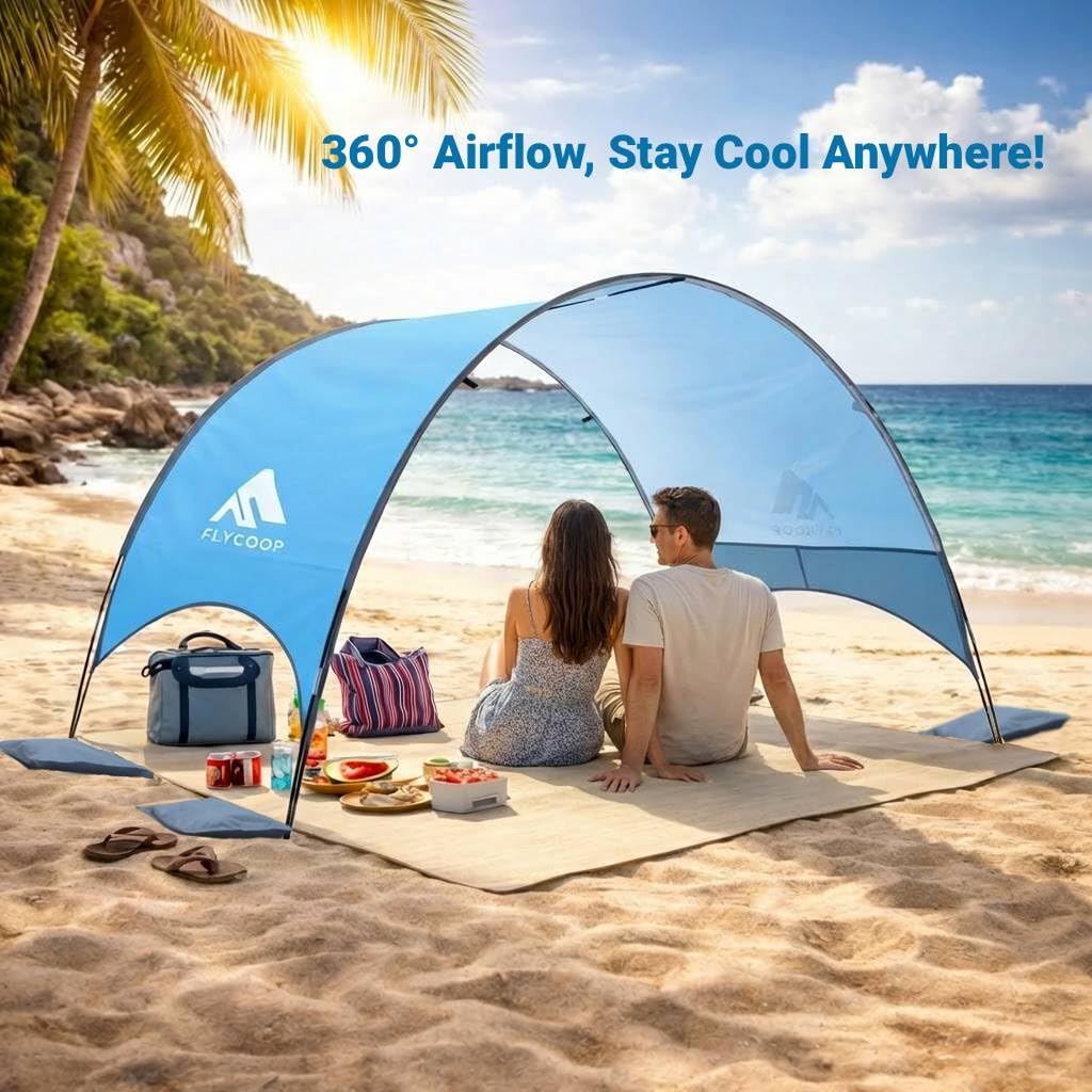 Flycoop 2026 Upgraded Beach Umbrella Canopy with UPF 50+ UV Protection – Portable Beach Tent for Sun, 360° Ventilation, 4 Sandbags, Dual Pockets, Stakes & Ropes, 90.5*59*53 inch for 3 People
