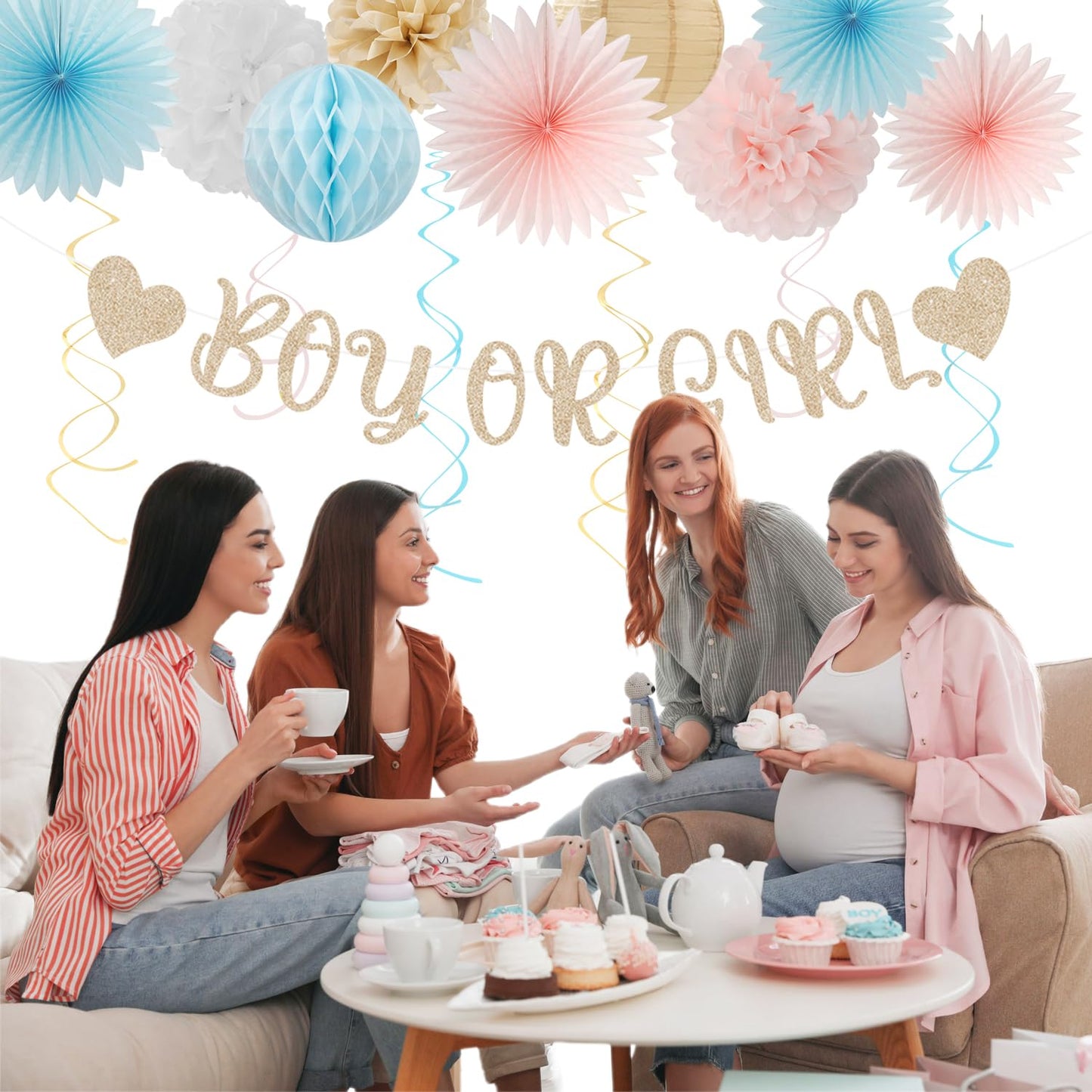 Light-Pink Blue Champagne Gender-Reveal Party-Decorations - 22pcs Boy Or Girl Banner,Neutral Paper Lanterns Streamers,Tissue Pom Poms Flowers Fans Bear Theme Decor Supplies Hugmoon