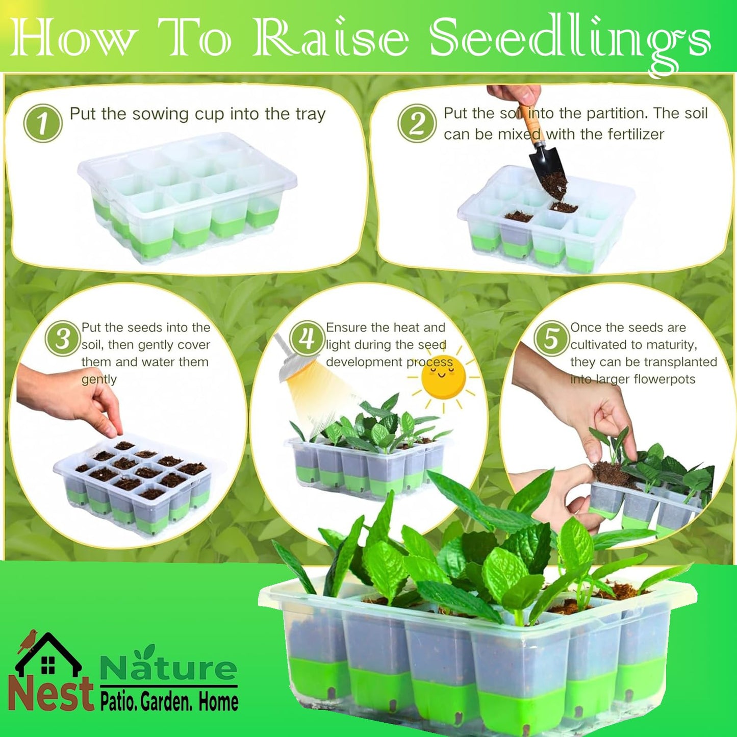 5-Pack Reusable Silicone Seed Starter Kit,Reusable 60Cell Seed Starter Trays with Easy Push-Out Design,Foldable Design for Easy Transplanting,Indoor Gardening Supplies for Vegetables, Flowers & Herbs