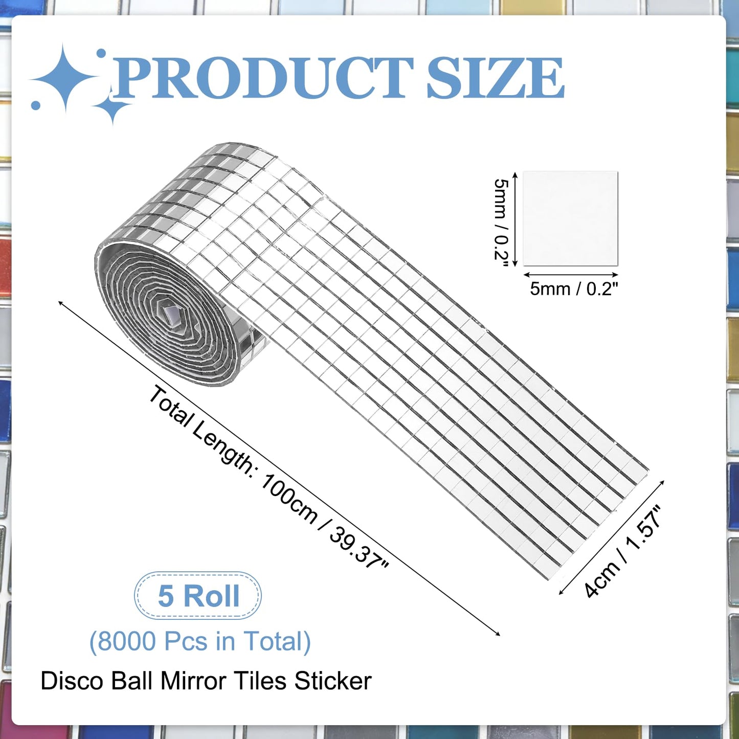 HARFINGTON 8000 Pcs Mirror Mosaic Tiles 5 x 5 mm Square Glass Self-Adhesive Disco Ball Mirror Tiles Sticker for DIY Craft Decoration Art Collage Card Making, Silver