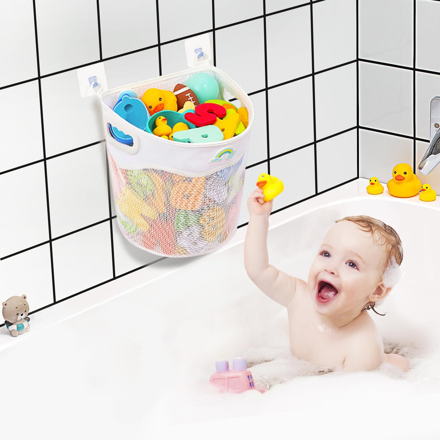 Austion Quick-Fetch Way Mesh Bath Toy Holder, Wide Opening and Large Capacity Bath tub Toy Storage for Easy Access to Toys, Space-Saving Wall-Mounted Bath Toy Organizer, Quick Dry Bathtub Toy Holder