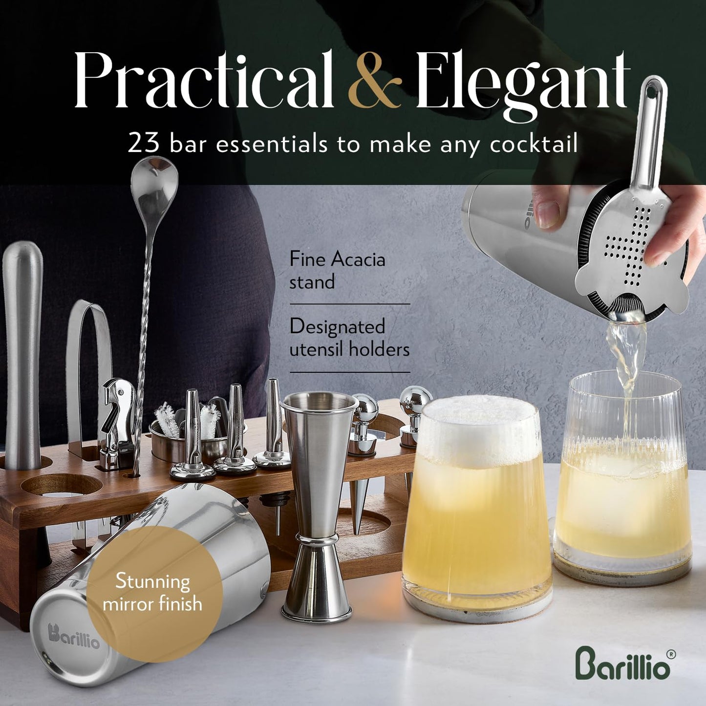 Barillio Bartender Kit – 23-Piece Stainless-Steel Cocktail Shaker Set with Premium Acacia Stand | Martini Barware Mixing Tools for Home Bartending | Gift Set