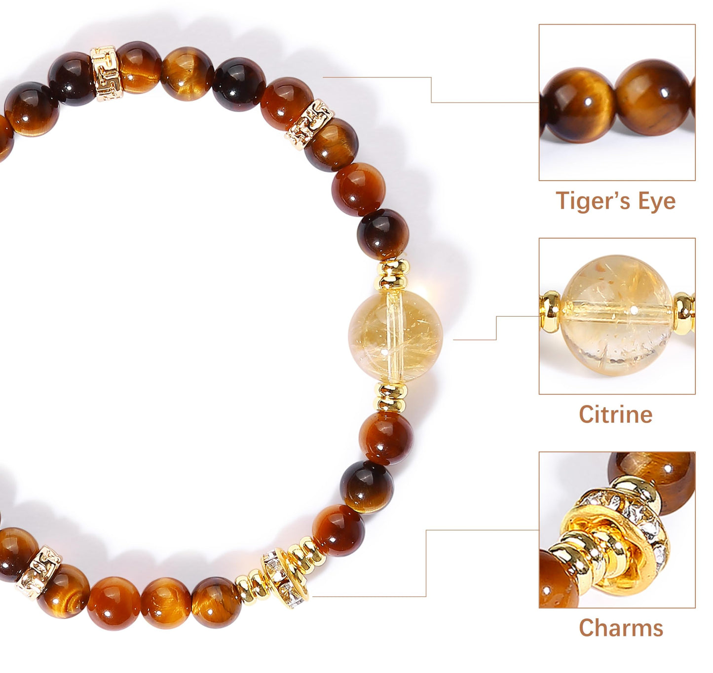 Magiriam Tiger Eye & Citrine Crystal Bead Bracelet for Women Men, Chakra Crystal Energy Bracelet with Gold Zircon Charms Protection & Confidence Lucky Amulet, Elastic Jewelry Gift for 6.3"-7.1" Wrist