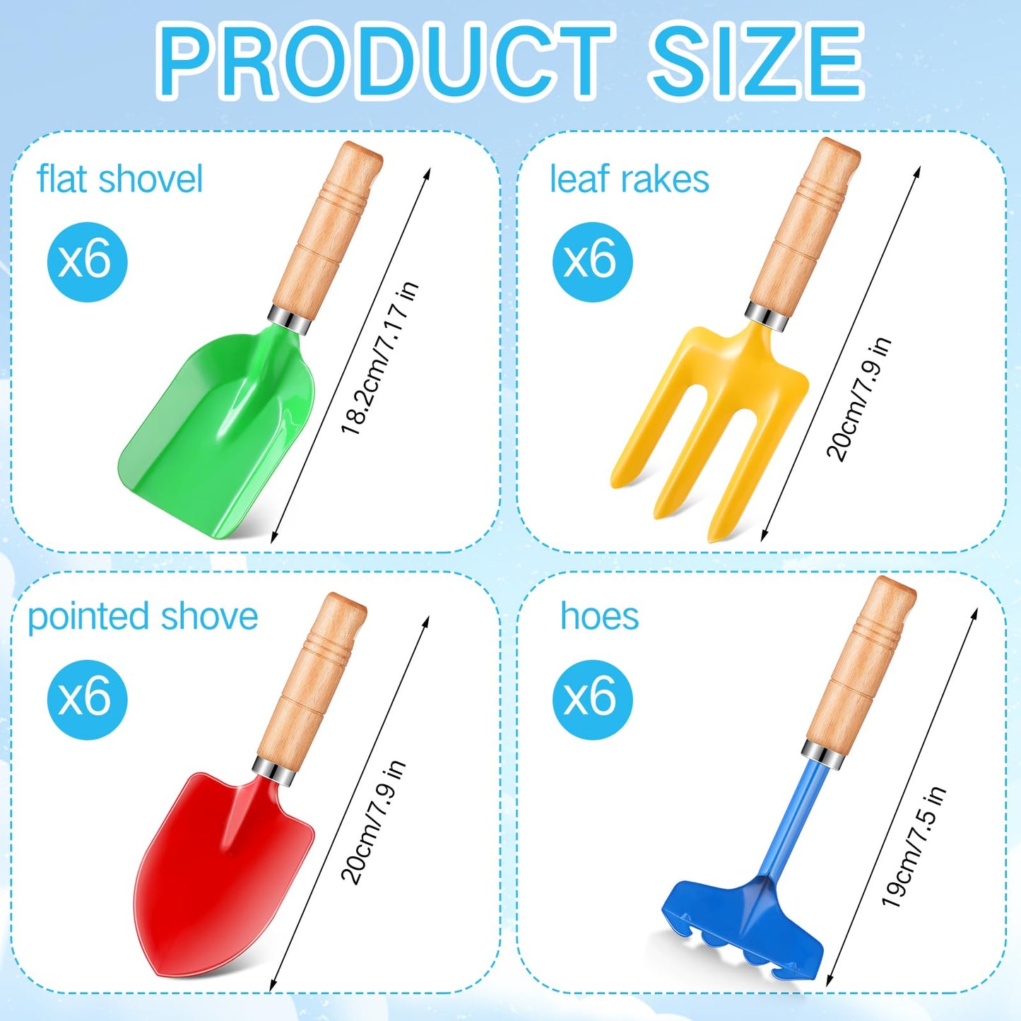 Motionchic 8" Kids Gardening Tools, Metal Beach Sandbox Digging Toys with Wooden Handle, Including Shovel, Rake, Fork and Trowel, Garden Sand Snow Tools for Children Gift Outdoor Gardening(24 Pcs)