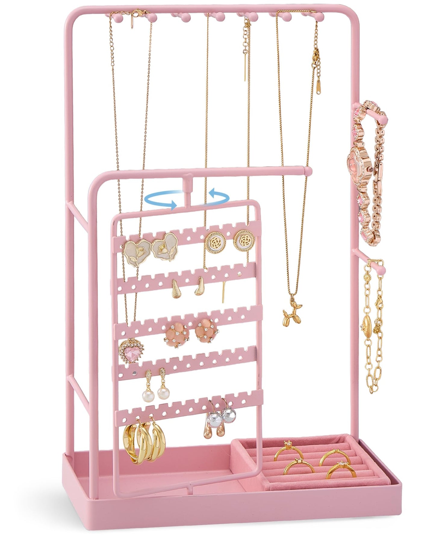 ProCase Jewelry Stand Holder Organizer, Jewelry Display Storage with Ring Tray, Rotating Earring Bracelet Necklace Holder, Valentine's Gifts Room Dorm Decor for Teen Girls -Pink (No-Assembly)