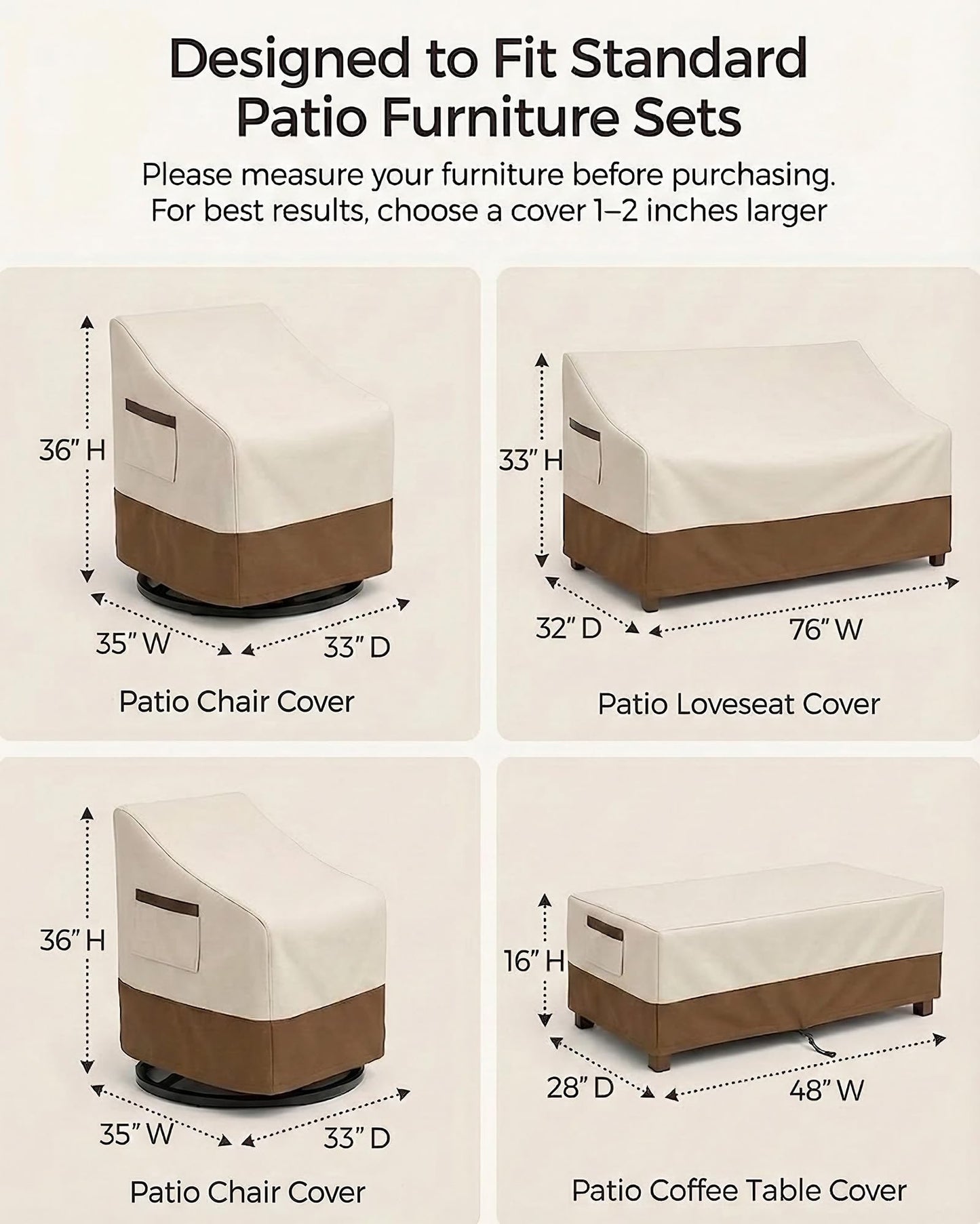 4-Piece Patio Furniture Cover Set, Waterproof Outdoor Furniture Covers for 3-Seater Sofa, Patio Chairs & Coffee Table, Heavy-Duty 600D, Fade&UV-Resistant, Breathable, All-Season Protection,Beige&Brown