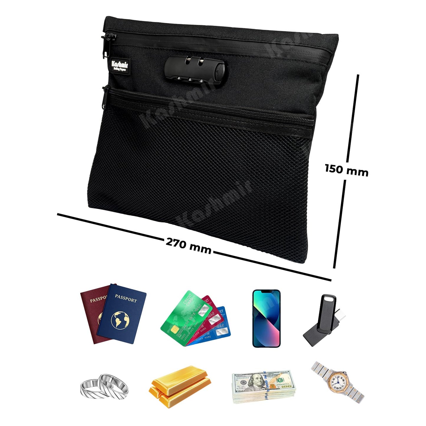 Kashmir Money Bag with Lock 12" x 10" – Waterproof Smell-Proof Cash & Document Organizer with Zipper & Combo Lock – Lockable Pouch for Travel, Business, Passports, Valuables & Notary Supplies