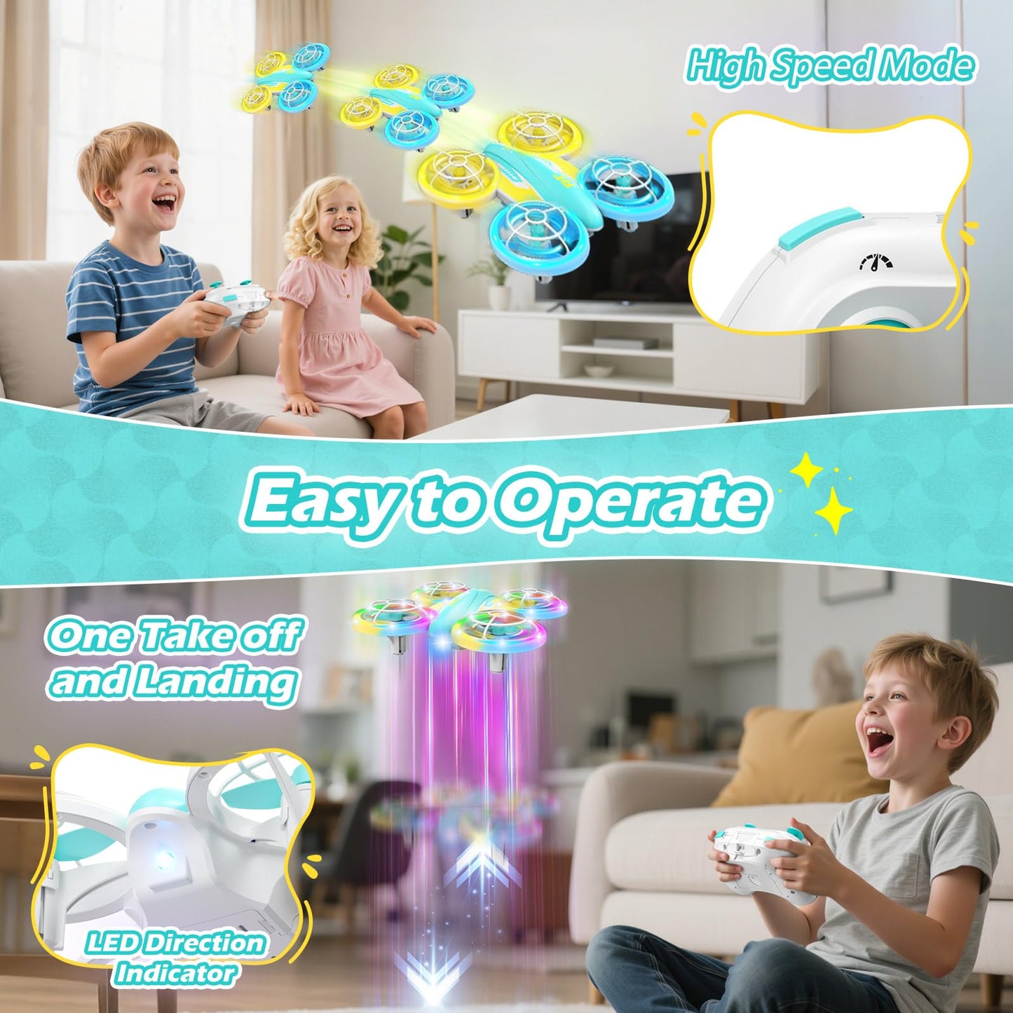 FUNPX LED RC Drone for Kids 6+, Christmas Birthday Gift for Boys & Girls with Remote Batteries, 360° Flip, High Speed Mode, 45 Min Flight Indoor and Outdoor Flying Toy - Blue Yellow