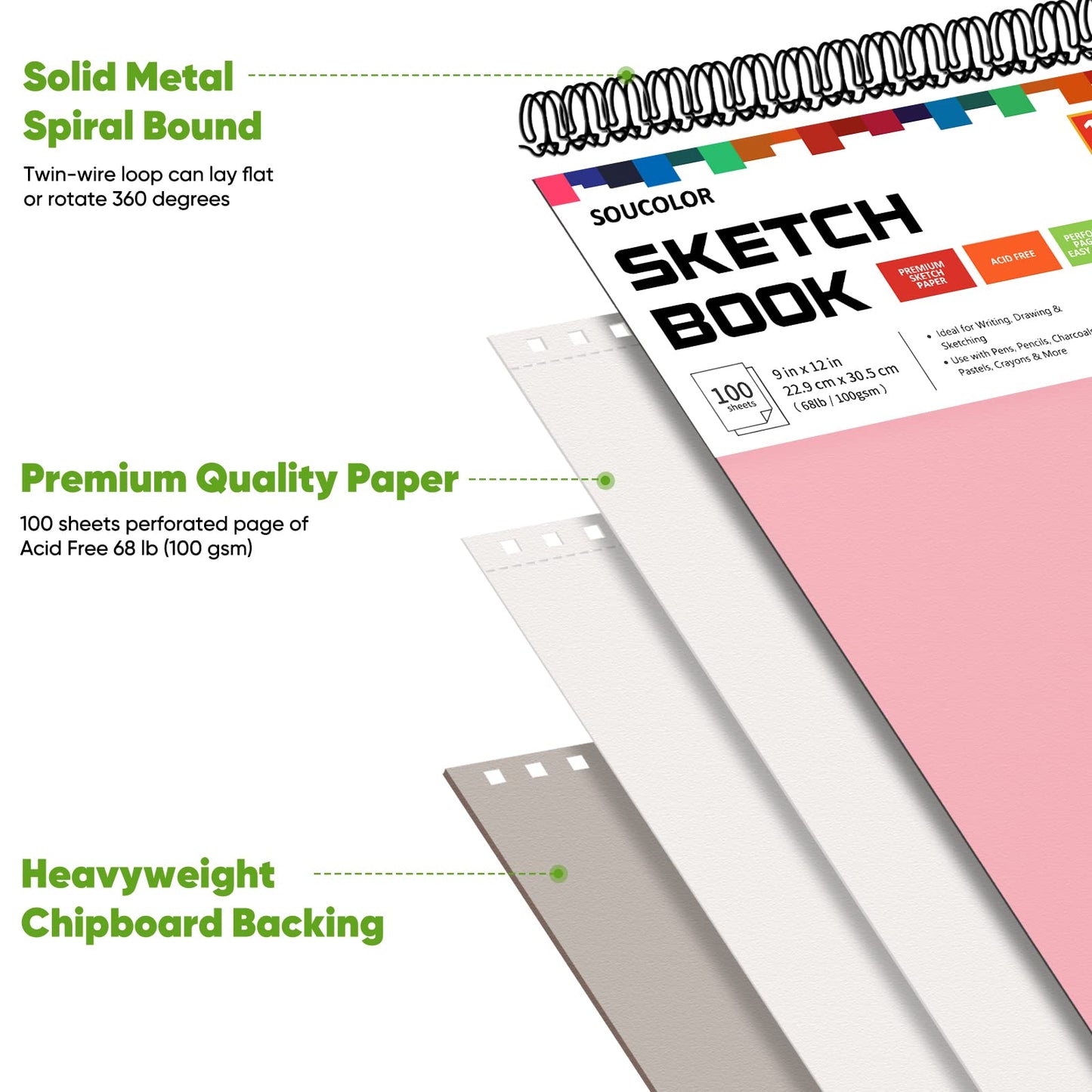 Soucolor Cute Sketchbook 9" x 12" for Women, 1-Pack 100 Sheets Spiral Notebook Drawing Pad, Pastel Art Supplies for Artists, Arts and Crafts Gifts Set for Adults