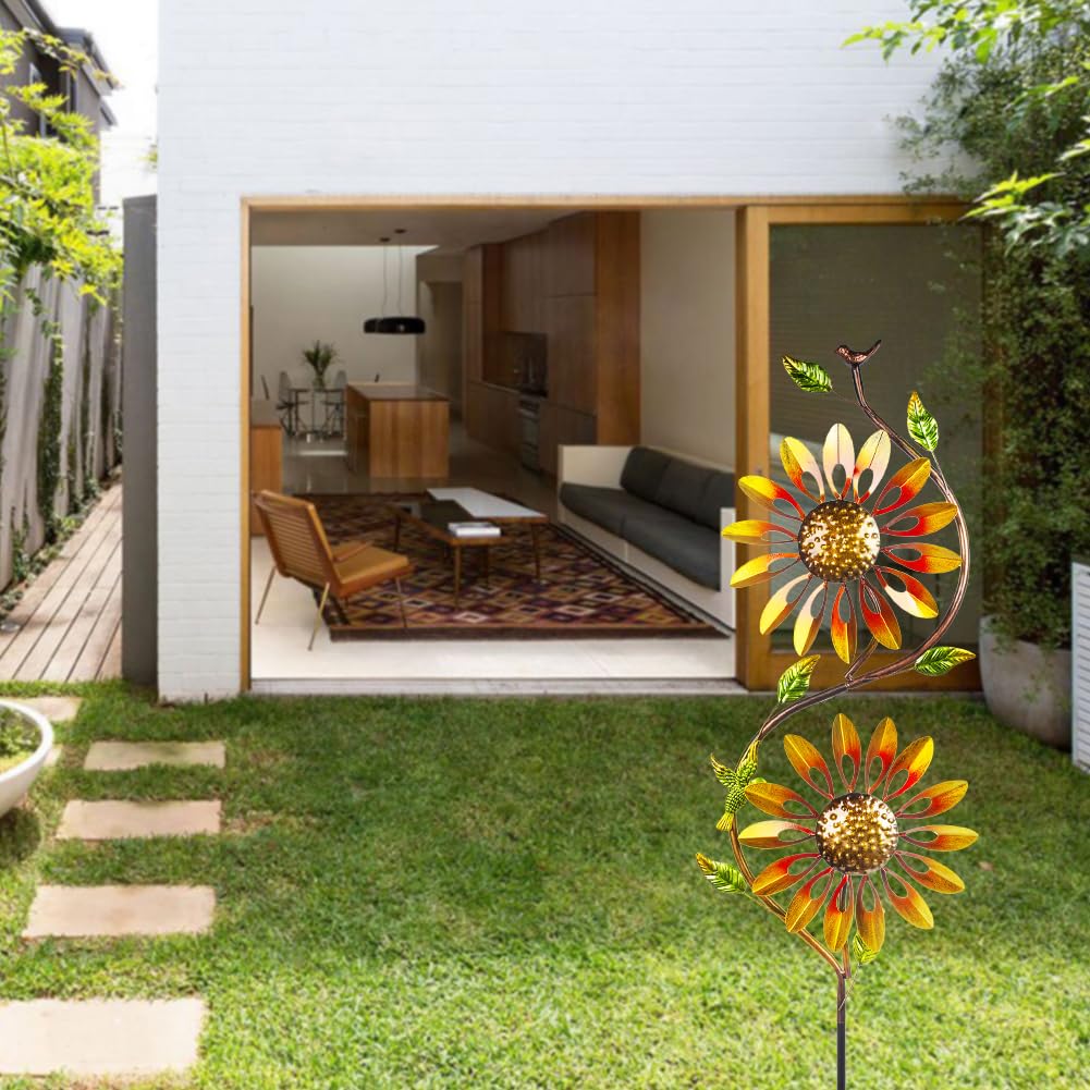 VEWOGARDEN Metal Sunflower Wind Spinners Outdoor Kinetic Wind Spinner with Stakes Yard Art for Garden Lawn Patio Decoration, Yellow