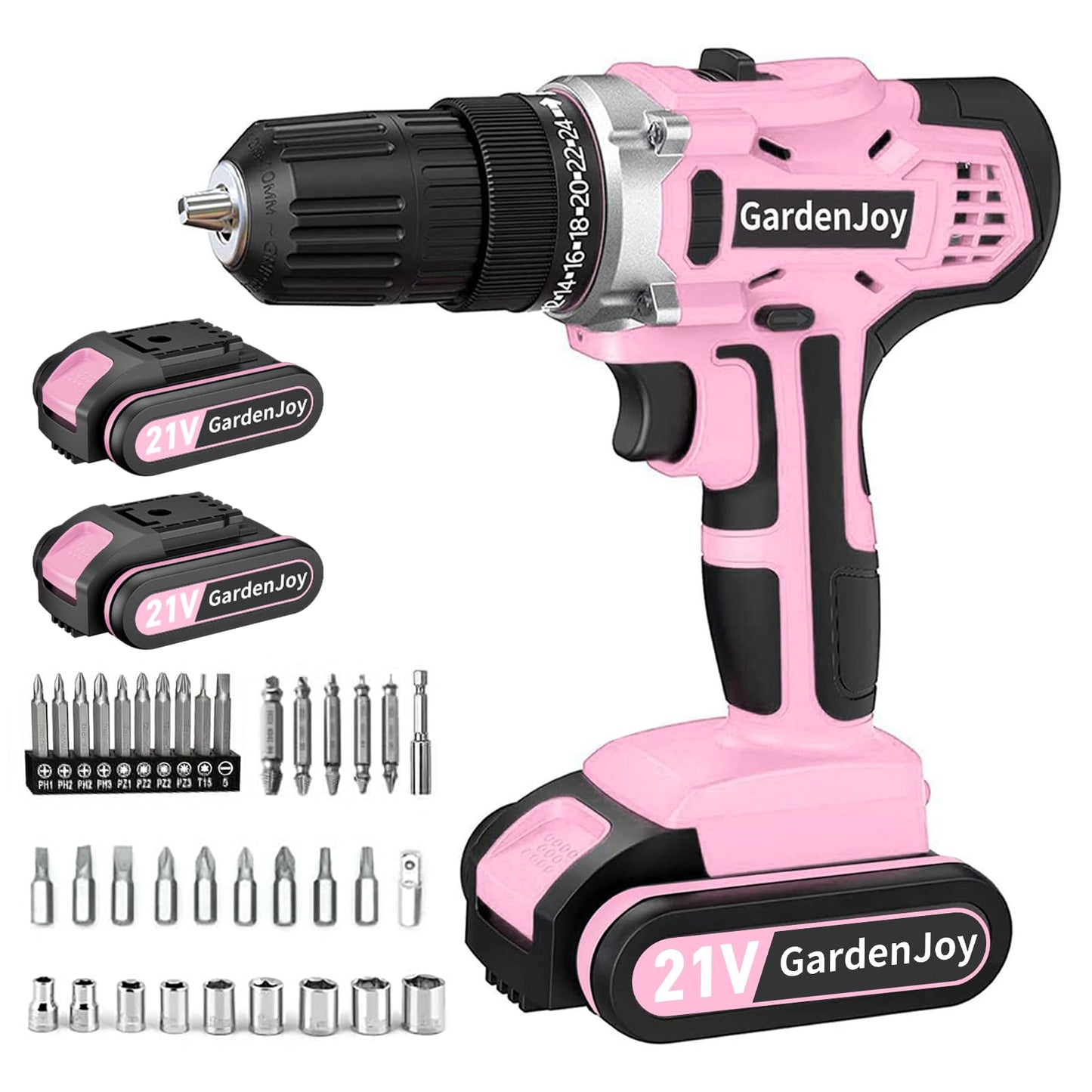 GardenJoy 20v Cordless Drill Set, Power Electric Kit 2 Batteries With Charger 30Nm 2-Speed 3/8" Keyless Chuck 24+1 Torque Drill Driver screwdriver Bits with LED Electric Work Light for Women DIY