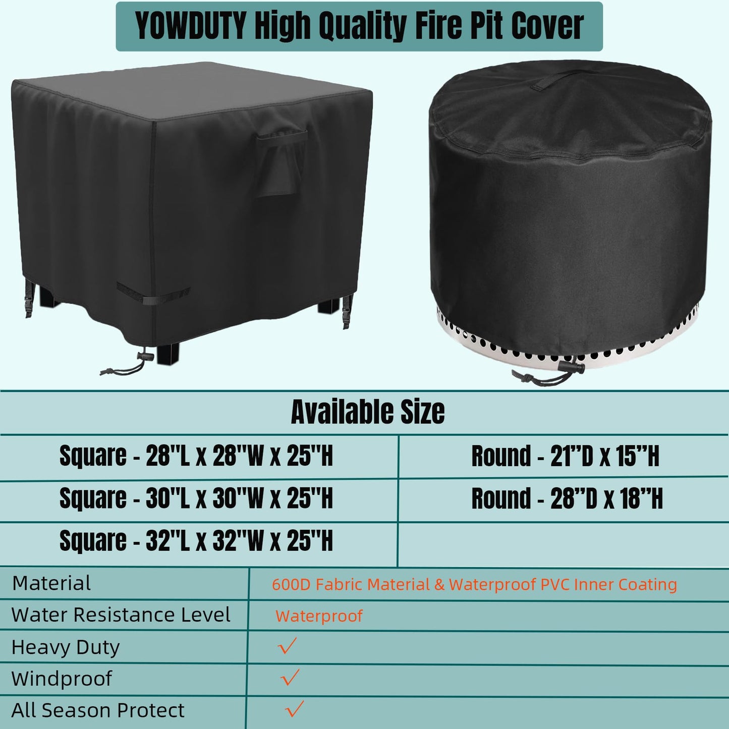 YOWDUTY Propane Fire Pit Cover Square 32 Inch, Waterproof Heavy Duty 600D Gas Fire Pit Table Cover 32 x 32 x 25 Inch, Fit 28/29/30/31/32 Inch Firepit Table, All-weather Protection For Patio