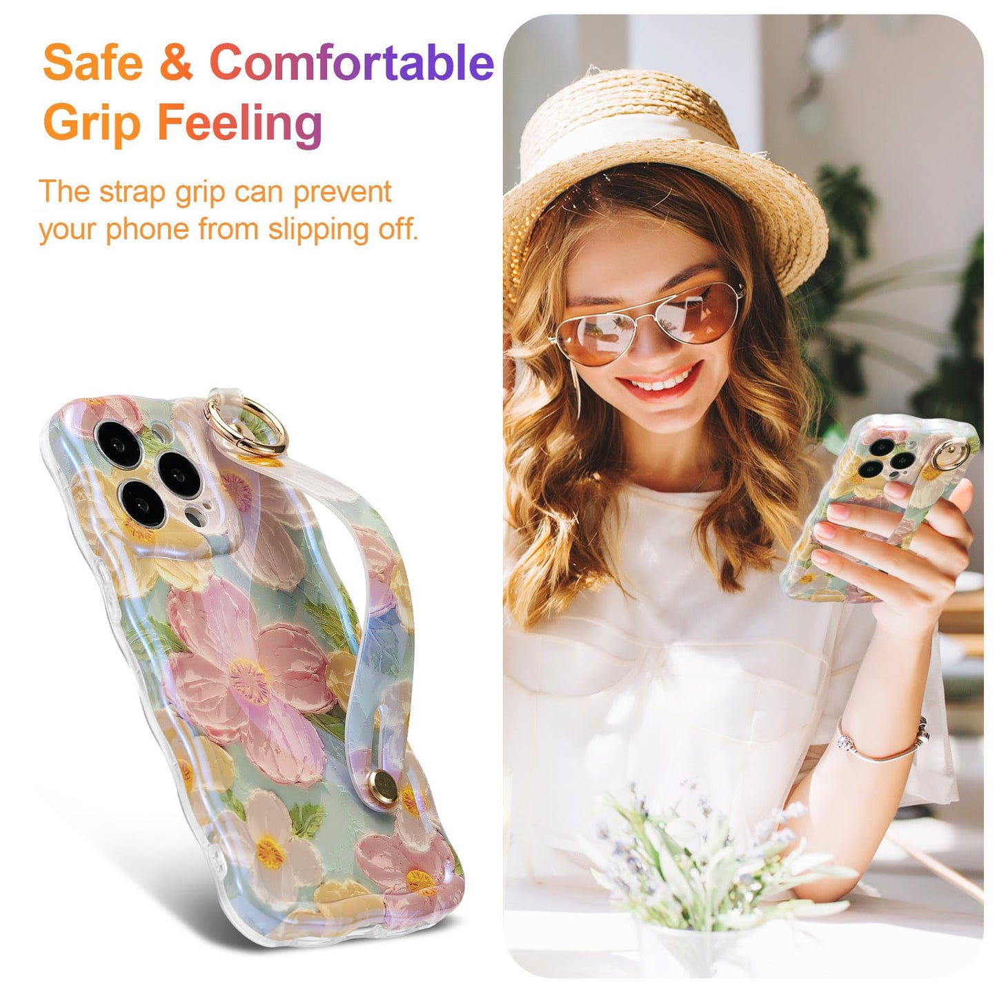 EYZUTAK Case with Hand Strap for iPhone 15 Pro, Colorful Oil Painting Flower Case with Wristband Kickstand Laser Curly Wave Edge Stylish Durable TPU Protective Cover for Women - Green