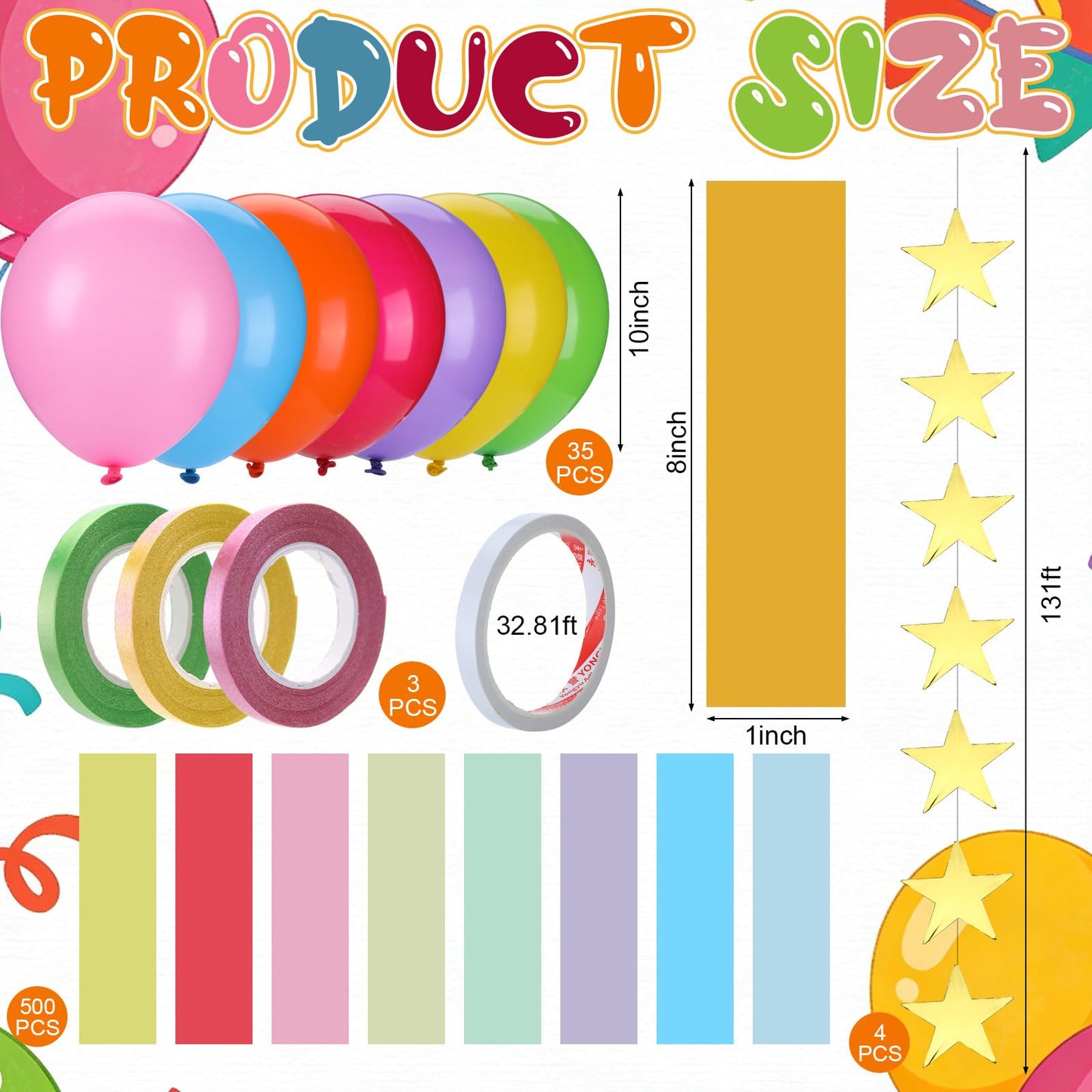 Roowest 500 Sheets Paper Chain Strips 4 Gold Star Garland 35 Balloons with Double Sided Tape Birthday Party Hanging Decor for Graduation Classroom DIY Craft Birthday Wedding Rainbow Party Decorations