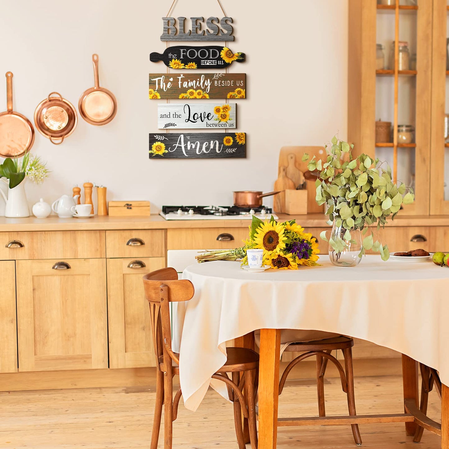 Wesiti 5 Pieces Kitchen Wall Decor Bless the Food Before Us Sign Farmhouse Rustic Dining Room Wall Art Wooden Hanging Signs for Kitchen Decor Hanging Plaque for Home(Sunflower)