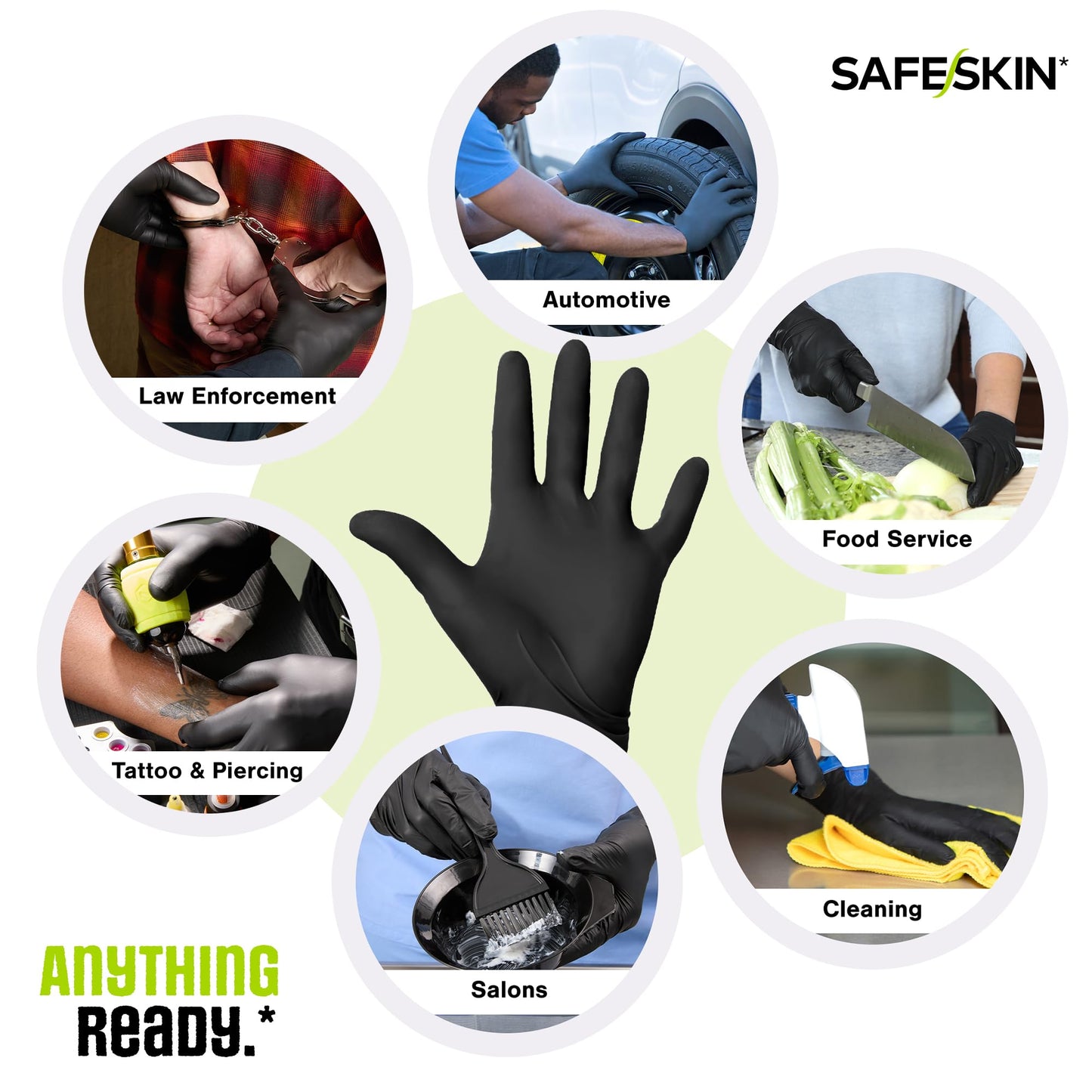 SAFESKIN Black Nitrile Disposable Gloves Powder Free Latex Free Tattoo, Food Prep, Auto Salons, Cleaning, Law Enforcement, 3.5 mil, Size Medium, Box of 100