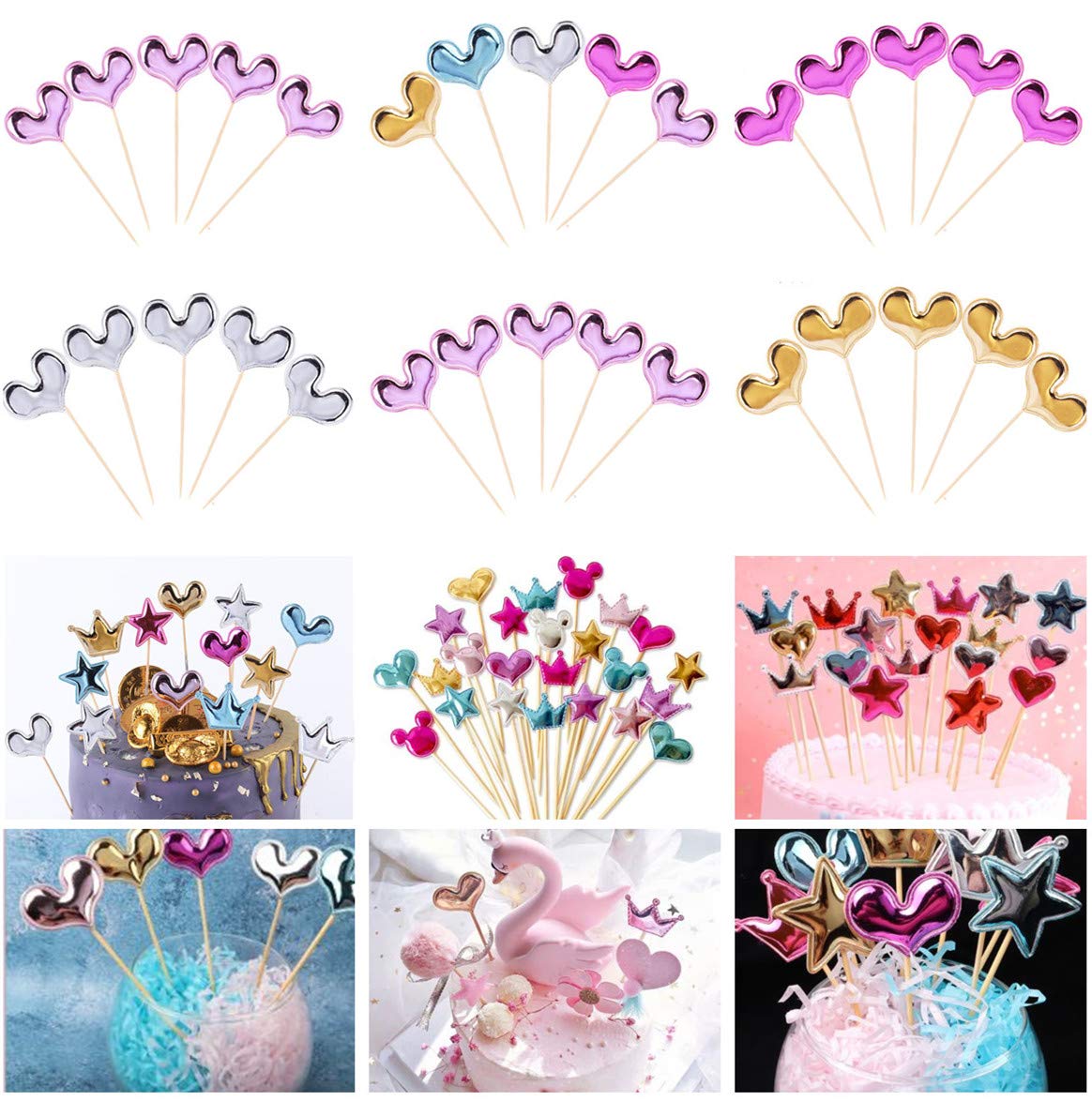 MSCFTFB 100 Pieces 5 Star Heart Crown Shaped Pad Appliques Sew on Patches Embellishments Trims for DIY Birthday Wedding Cake Topper Scrapbook Hair Accessories Craft Supplies (Heart, Multi)