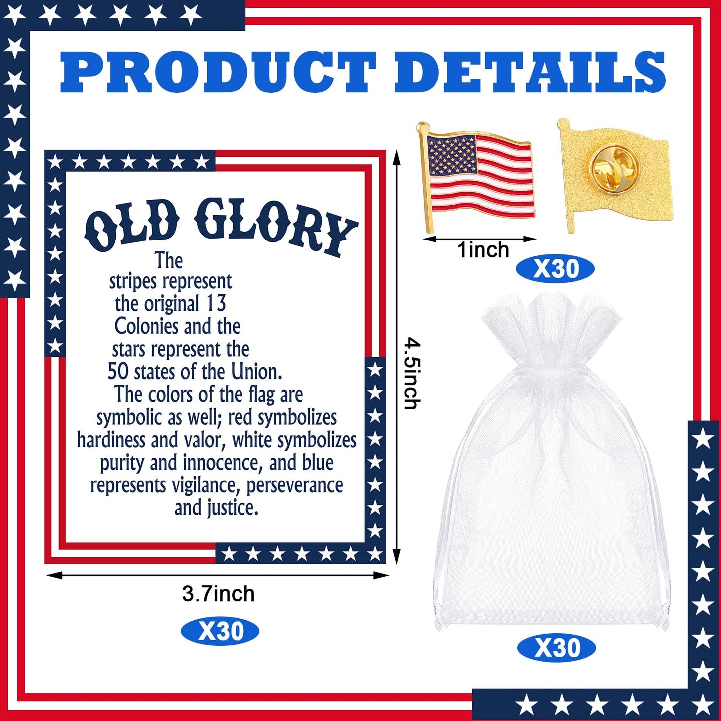 Landical 60 Pcs/30 Sets 250th Anniversary Memorial Day Pins Gifts Bulk Patriotic American Flag Pins with Old Glory Cards and Bags for 4th of July Independence Veterans Day Party Favor Supplies Gifts