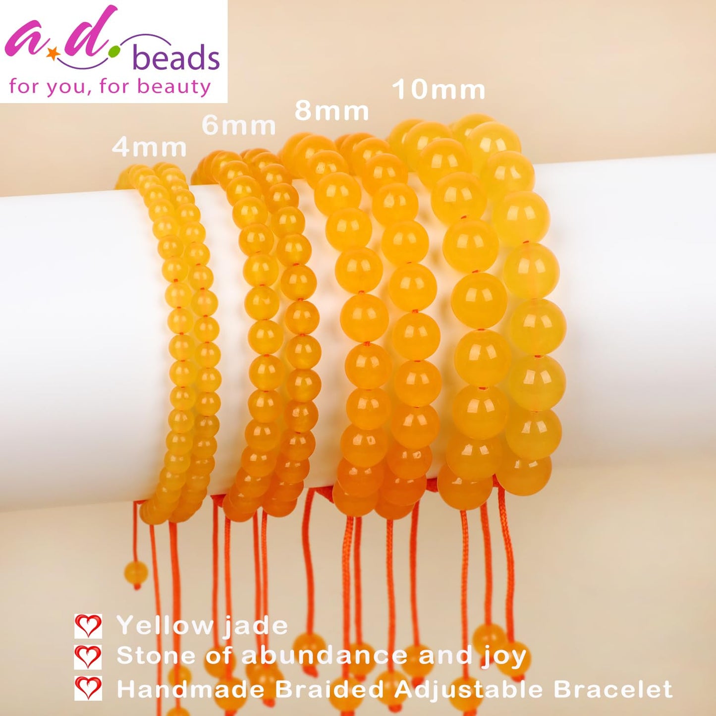 AD Beads 4mm Yellow jade Bracelet - Stone of abundance and joy - Handmade Natural Stone Crystal Bracelet with Adjustable Macrame String - Yoga Healing Power Energy Gifts for Men and Women