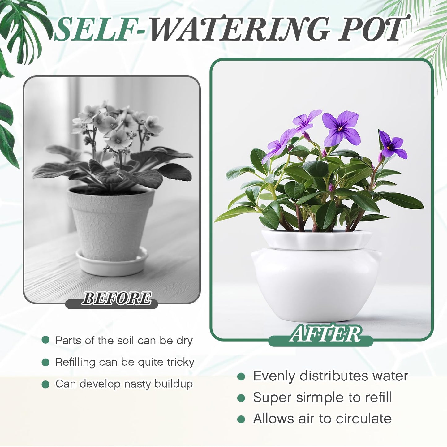 Sunnychicc 1 Set 7.5 Inches African Violet Pots Self Watering White Ceramic Pot for Indoor Plants, Flowerpot with Highly Absorbent Inner Pot for Busy Plant Lovers, Plant Care