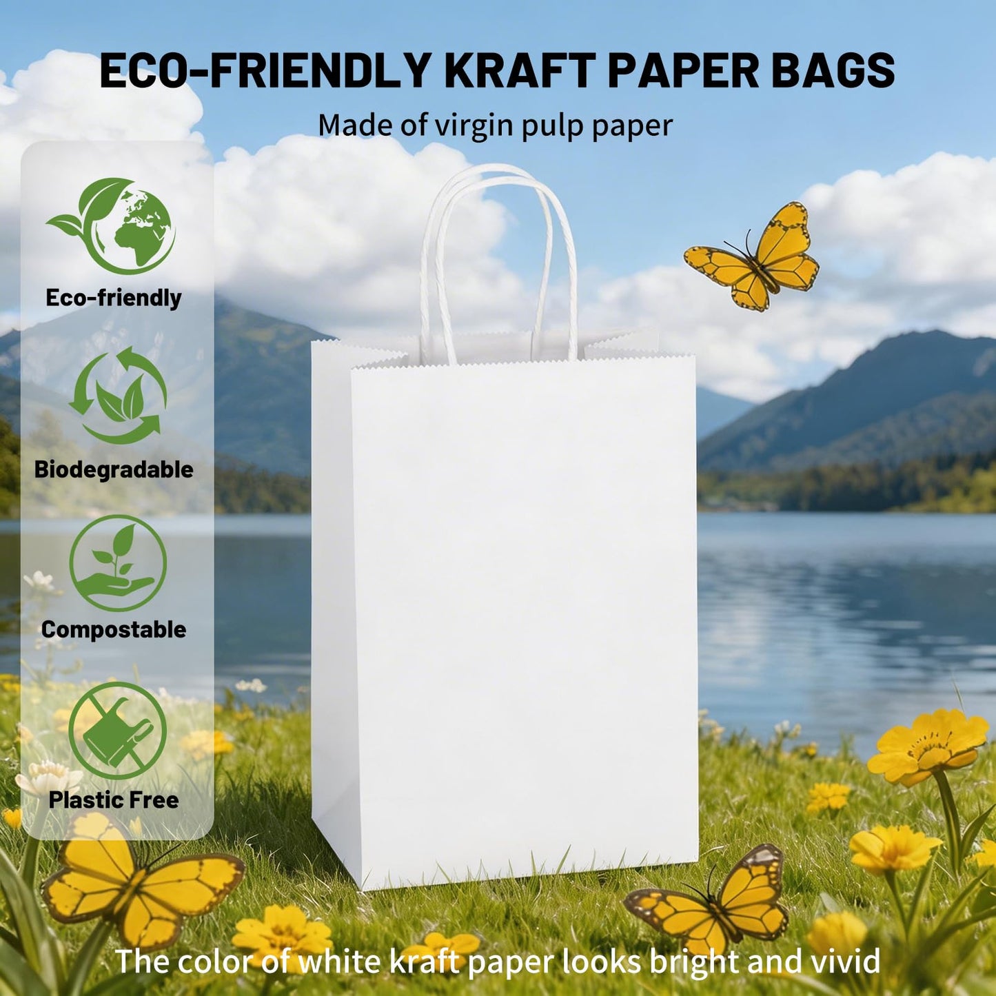 Mlyta 300 Pack 5.25x3.25x8.5 Inch Small White Kraft Paper Gift Bags with Handles Bulk for Goodie, Party Favor Brithday Grocery Shopping, Small Business Wedding Retail Craft Treat, Merchandise Sacks