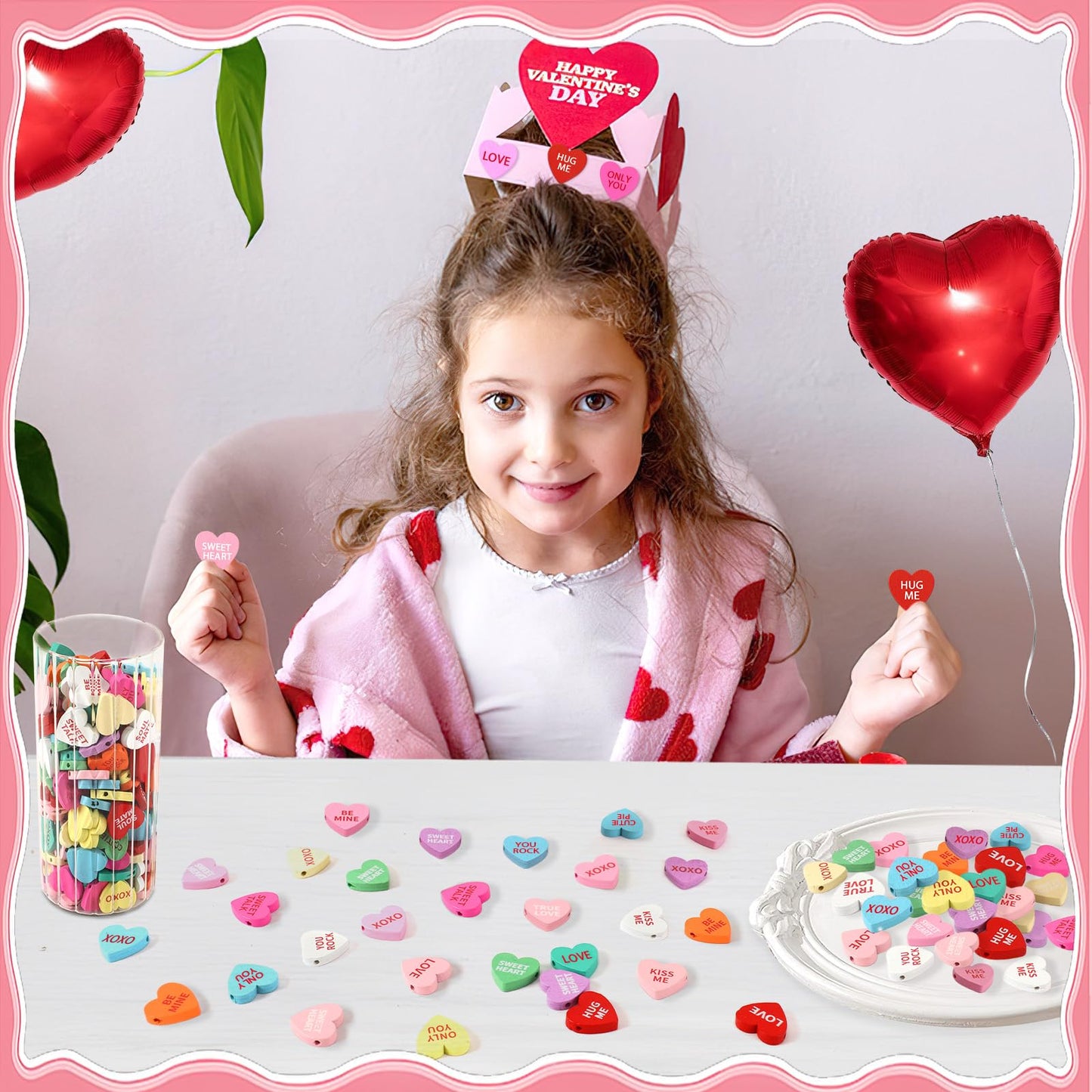 UPINS 300Pcs Conversation Heart Beads,Valentine's Day Wooden Heart Beads for Bracelets Garland Ornaments Craft Necklace Jewelry Making DIY Party Decor