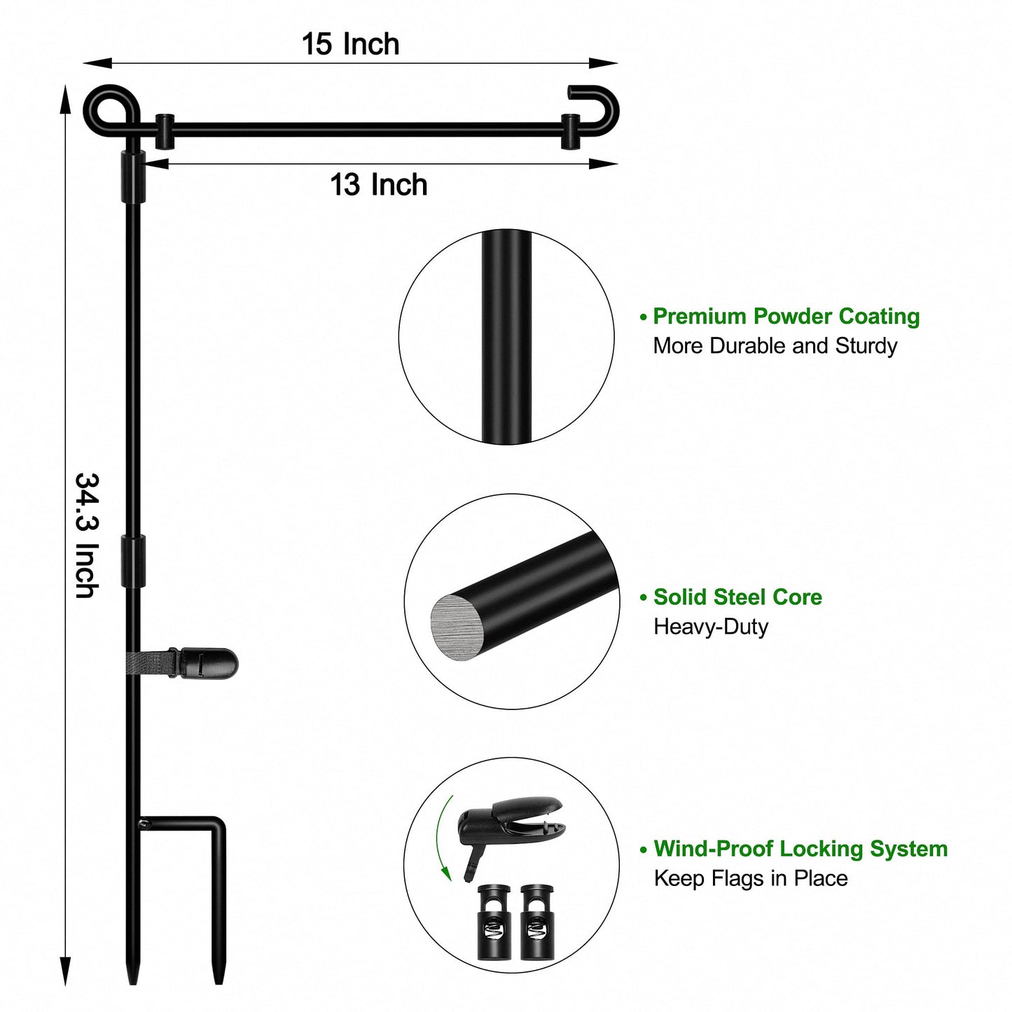 HOOSUN Garden Flag Stand, Premium Garden Flag Pole Holder Metal Powder-Coated Weather-Proof Paint with one Tiger Clip and Two Spring Stoppers Without Flag 3 Pack