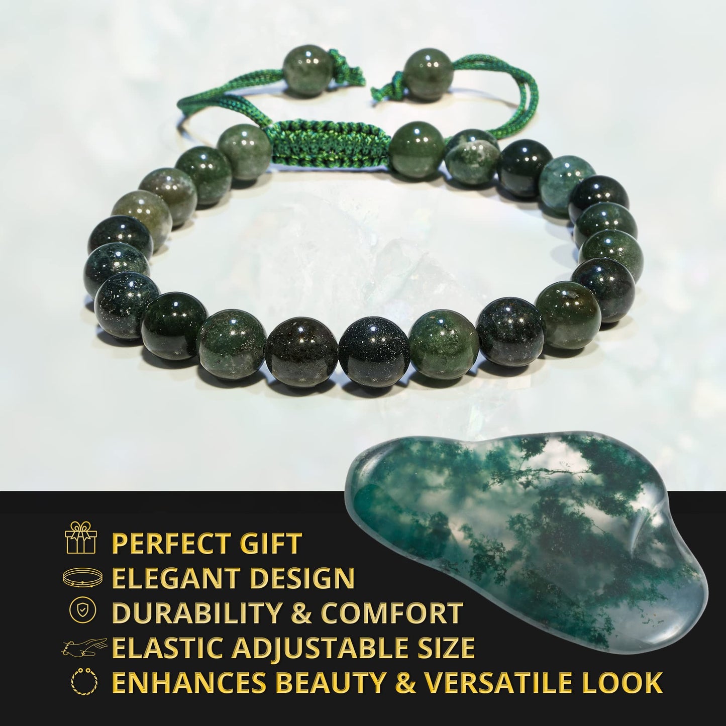 ANAYA AGATE Healing Crystal Bracelet – Chic Gemstone Bracelet for Men and Women – 8mm Round Bead Bracelets for Spiritual Healing, Protection, Positive Energy - Moss Agate