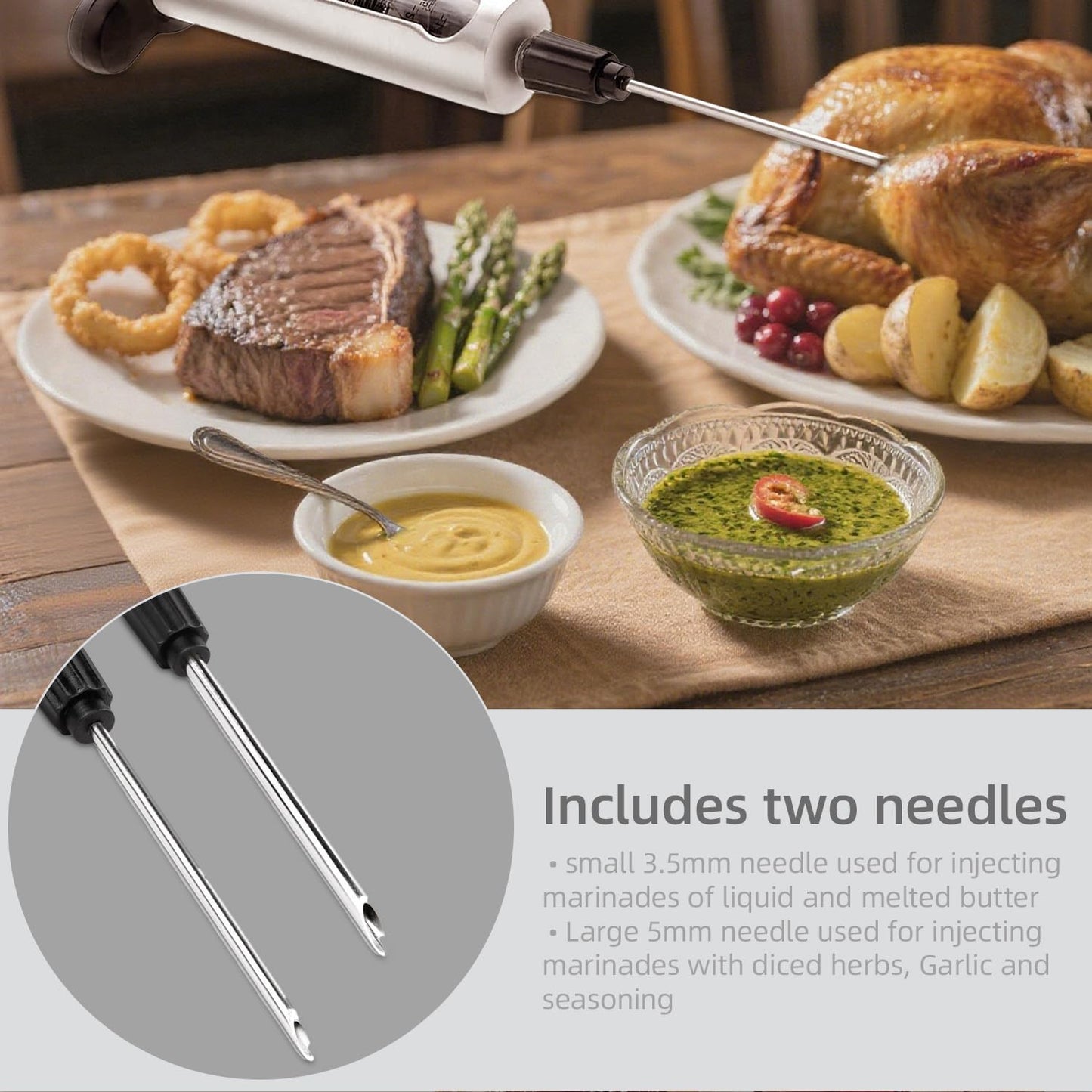 Meat Injector - 2 Stainless Steel Needles for Marinade, Brine & Flavor Injection, with Measurement Window & Cleaning Brush Perfect for Turkey, Chicken, Beef, Pork Smoking, Frying & Grilling(LPMI-02)