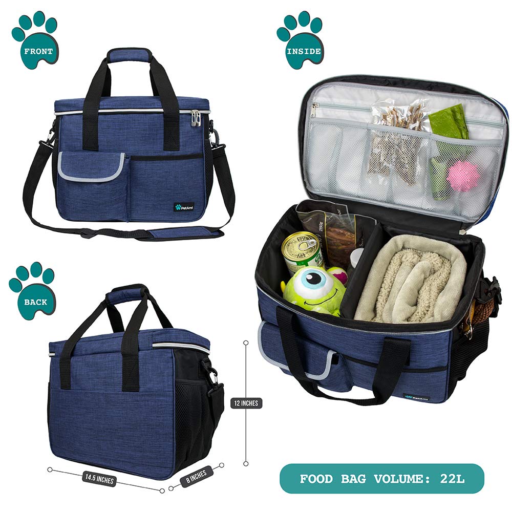 PetAmi Dog Travel Bag, Travel Pet Bag Organizer, Dog Food Travel Bag with Food Container and Bowls, Dog Travel Supplies Gift Accessories for Weekend Camping, Dog Cat Diaper Bag (Navy, Medium)