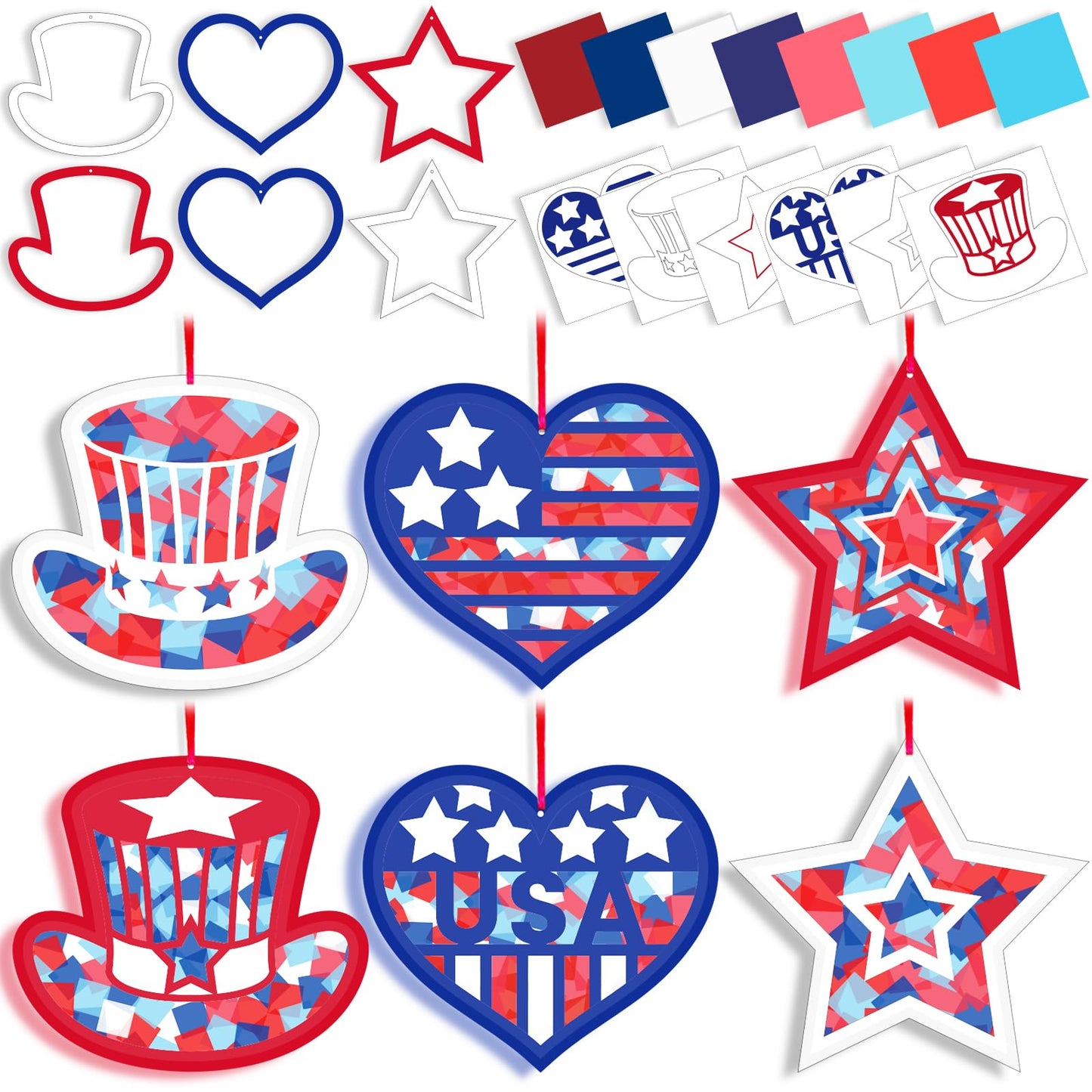 42 Packs 4th of July Suncatchers Crafts for Kids, Patriotic 250th Anniversary DIY Star Tissue Paper Sign Art Craft Kit Gift for Patriotic Religious Christian Classroom Church Activities Party Decor