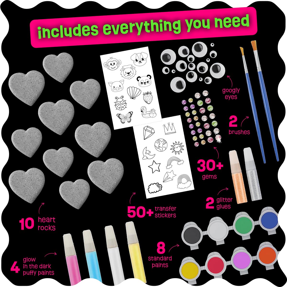 Hearts Rock Painting Kit for Kids Girls - Glow in Dark Art Supplies Ages 4-12 - Complete STEM Craft Set with Puffy Paint Stickers Gems Paints - Educational Birthday Easter Gifts Art Toys for Girl