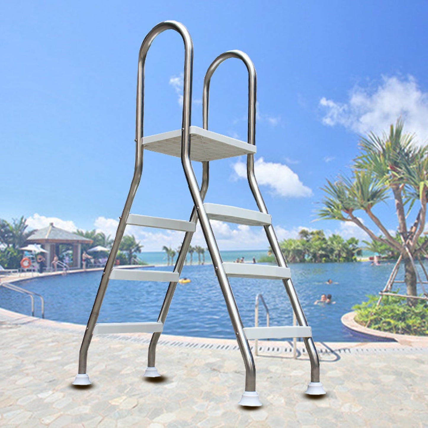 errzom Select A-Frame Heavy Duty 33", 43", 52" Above Ground Ladder, Swimming Pool Ladder, 2/3/4 Steps Ladder, 304 Stainless Steel Ladder, Non-Slip Ladder, Max Load Capacity 500 Lb Ladders,43in