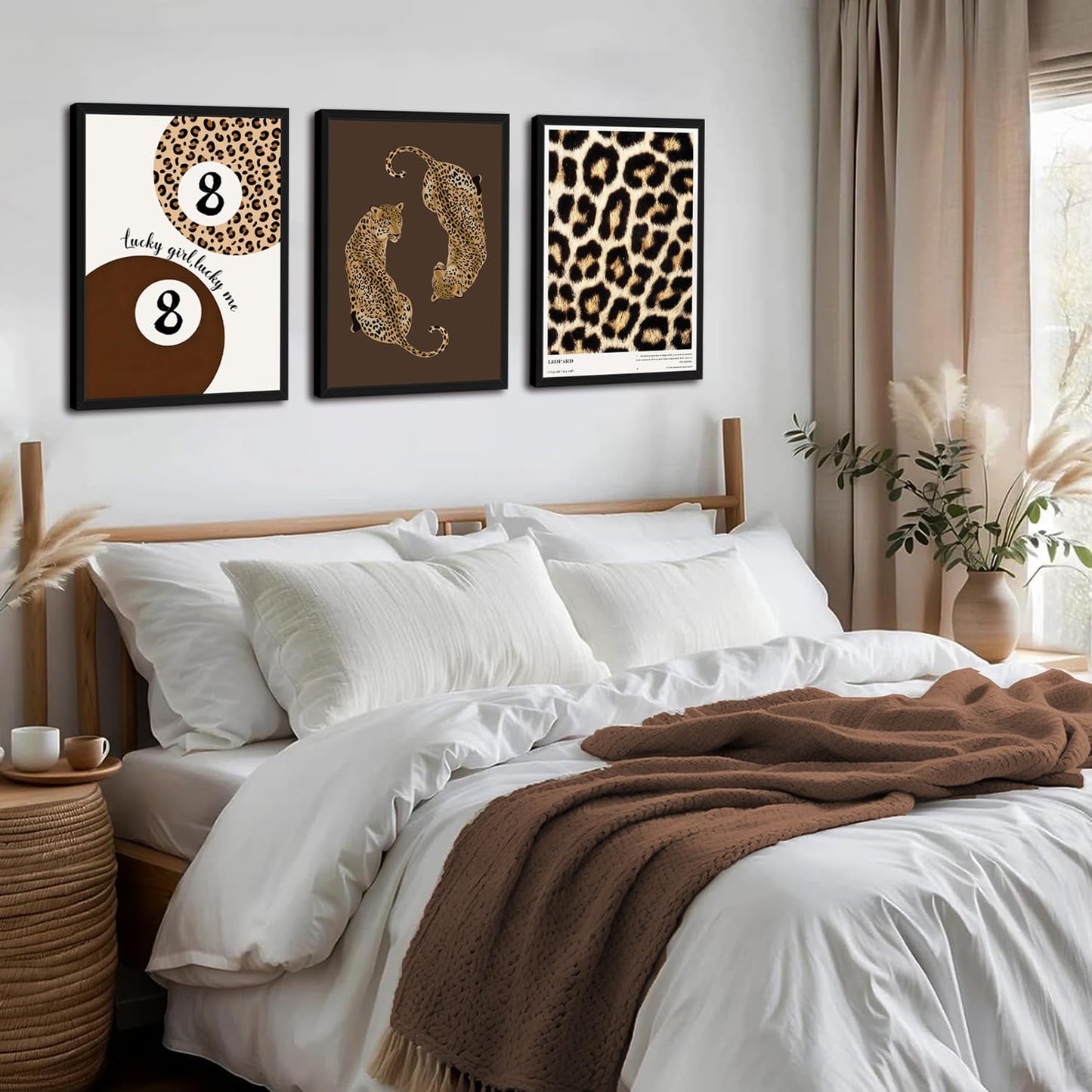 Framed Leopard Wall Art Set of 3, Preppy Cheetah and Lucky 8 Ball Canvas Prints, Trendy Y2K Girly Wall Decor for Teen Girls Bedroom, Bathroom, Dorm, Living Room, 12x16 Inch