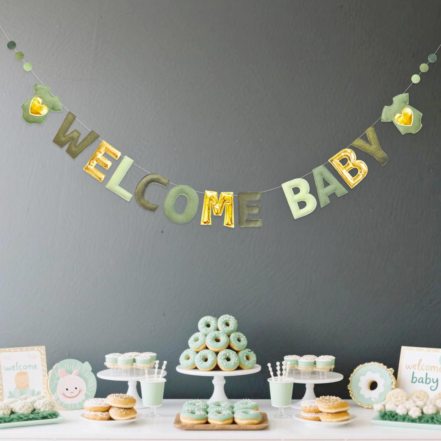 Sage Green Gold Baby Shower Decorations Pre-Strung Handmade Felt Metallic Gold Welcome Baby Sign Baby Clothes Wool Felt Ball Banner for Neutral Baby Shower Party Nursery Home Fireplace Room Decor