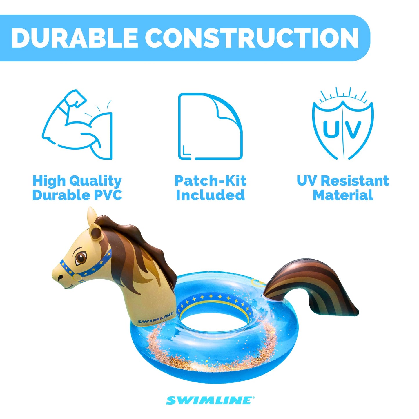 Swimline Glitter Hobby Horse Pool Ring – Inflatable Lounge Float with Fun Design for Adults & Teens – Durable Vinyl Ring for Pool, Lake, or Beach – Easy to Inflate and Store