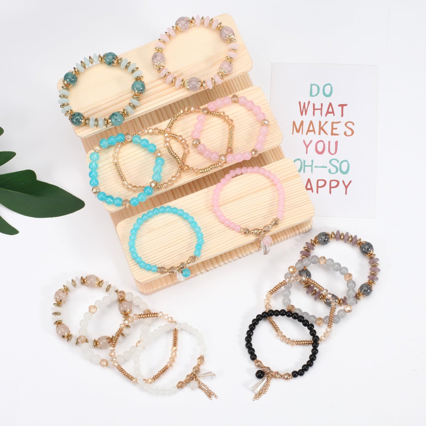 LOTSOF Bohemian Green Jade Stackable Bracelet Set - 4-Layer Stretch Beaded Bracelets with Gold Accents, Boho Jewelry for Women, Fashion Statement Accessory (Gift Ready) (Blue Mix Pink)