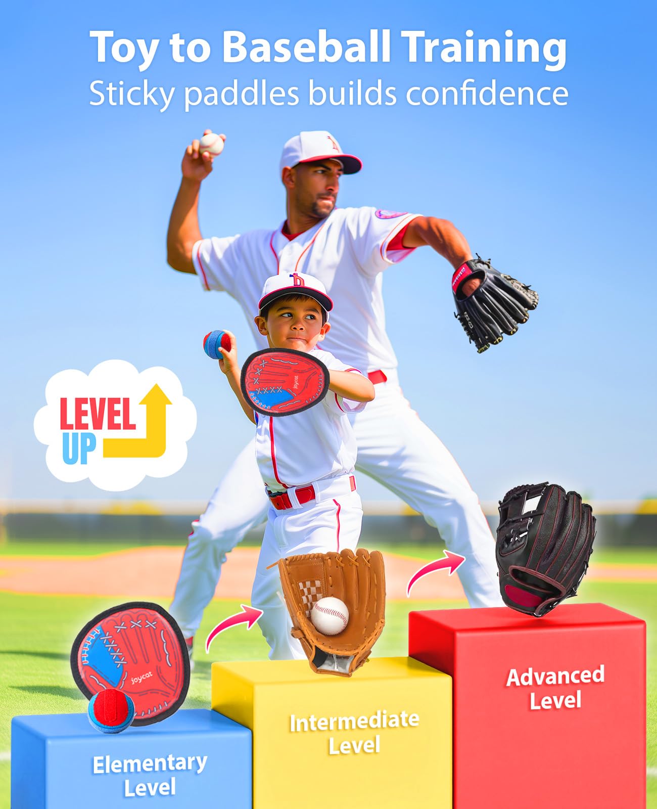JoyCat Toss and Catch Ball Game for Kids, 4 Paddle Sticky Ball Set, Toddler Baseball Catch Toy, Outdoor Game for Beach, Yard&Camping, Family Sports Easter Basket Stuffer Gift for Boys Girls Ages 3-12