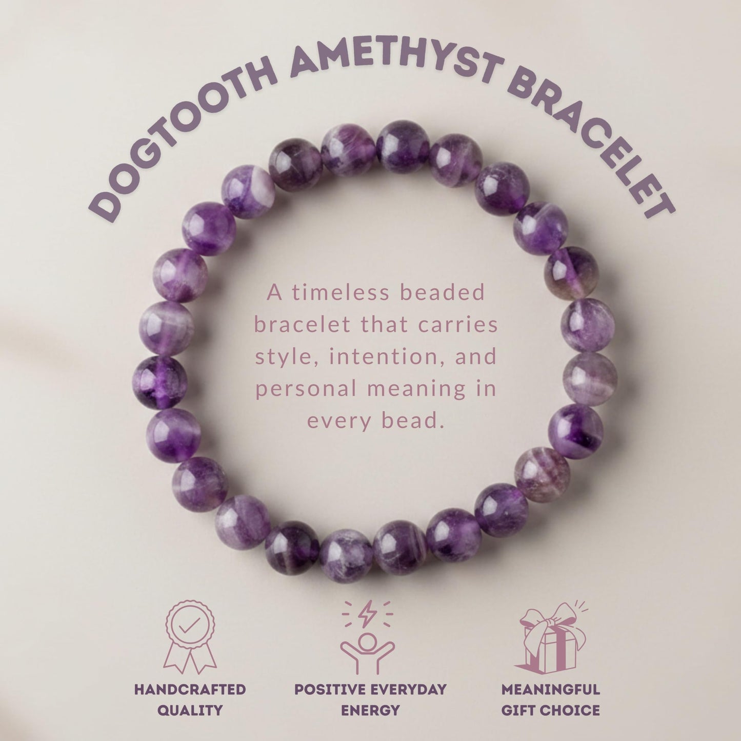 Cherry Tree Collection Dogtooth Amethyst Beaded Bracelet – Genuine 8mm Gemstone Stretch Bracelet for Men & Women – Handmade Crystal Bracelet - (Dogtooth Amethyst - M)