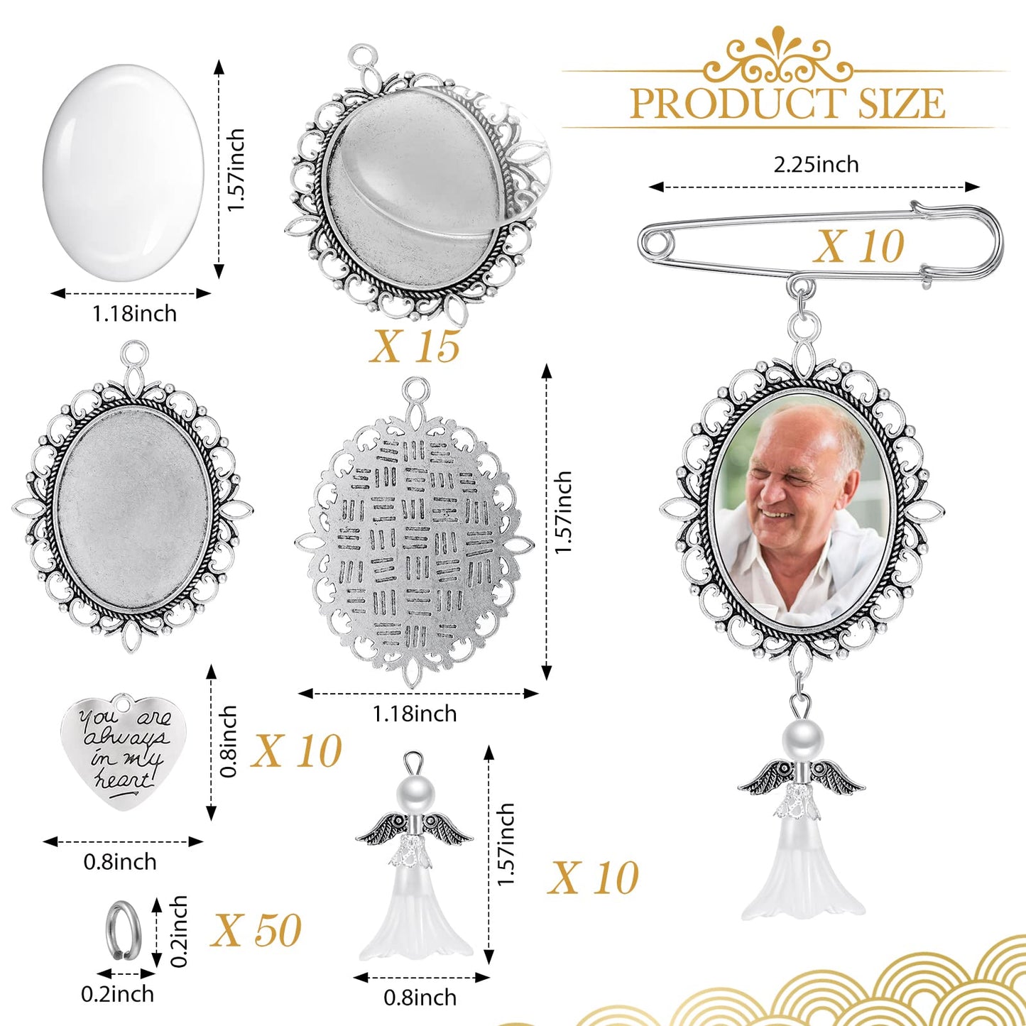 Hicarer 110 Pcs Wedding Bouquet Photo Charms Memory Bridal Charms Frame Picture DIY Pin Brooch Making Kit, 1.18 x 1.57'' Oval Glass Cabochon Pendants Bulk Memorial Mother Father of The Bride