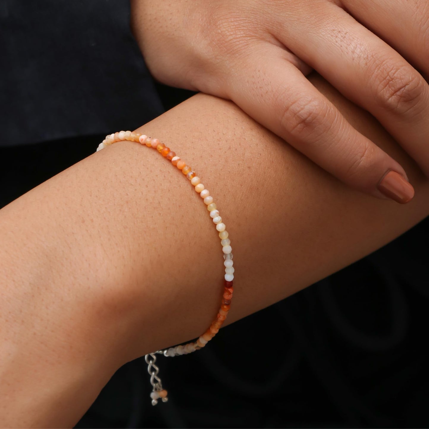 Gempires Handmade Sunstone Gemstone Beaded Bracelet for Women | 2.4–2.5 mm Faceted Natural Stone | Adjustable 7+1 Inch Silver Plated Chain | Dainty Minimalist Stacking Jewelry | Orange Sparkle Stone Gift