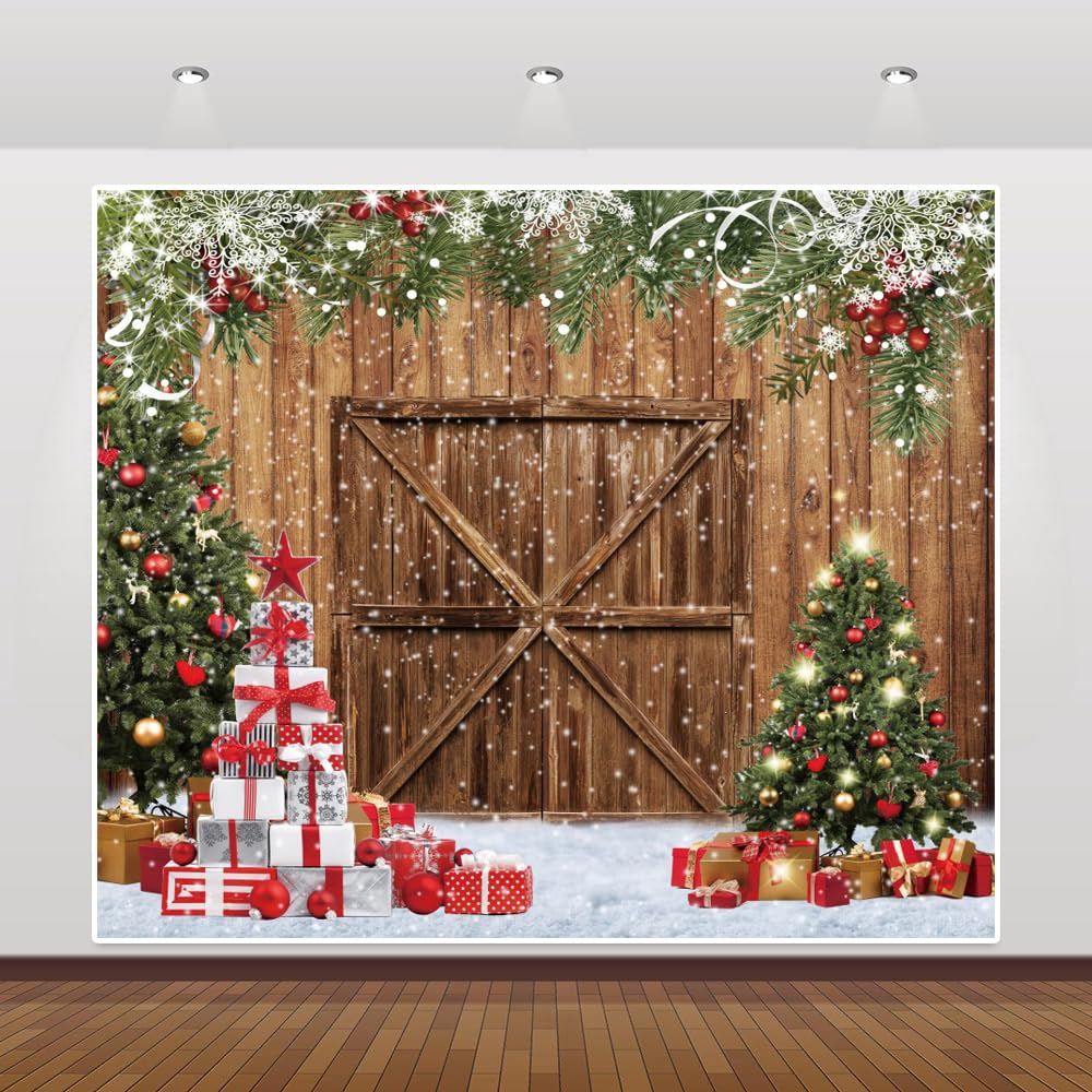 Merry Christmas Backdrop 10x10ft Xmas Tree Wood Barn Door Photography Backdrop Christmas Tree Wreath Gift Box Xmas Light Photoshoot Background New Year Xmas Party Decorations Backdrop Banner Supplies